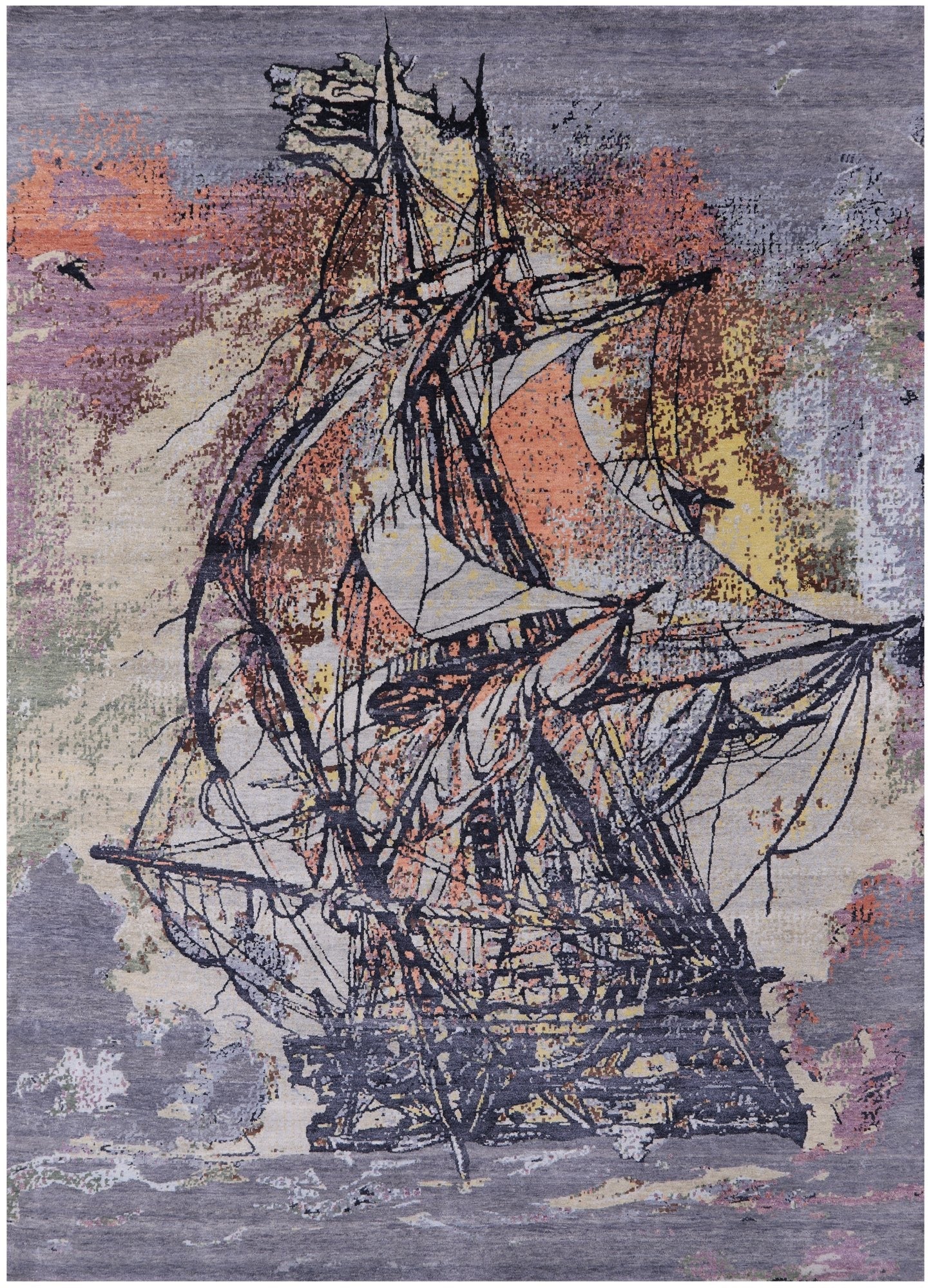 Sailing Ship Design Contemporary Hand Knotted Wool & Silk Rug - 8' 11" X 12' 1" - Golden Nile
