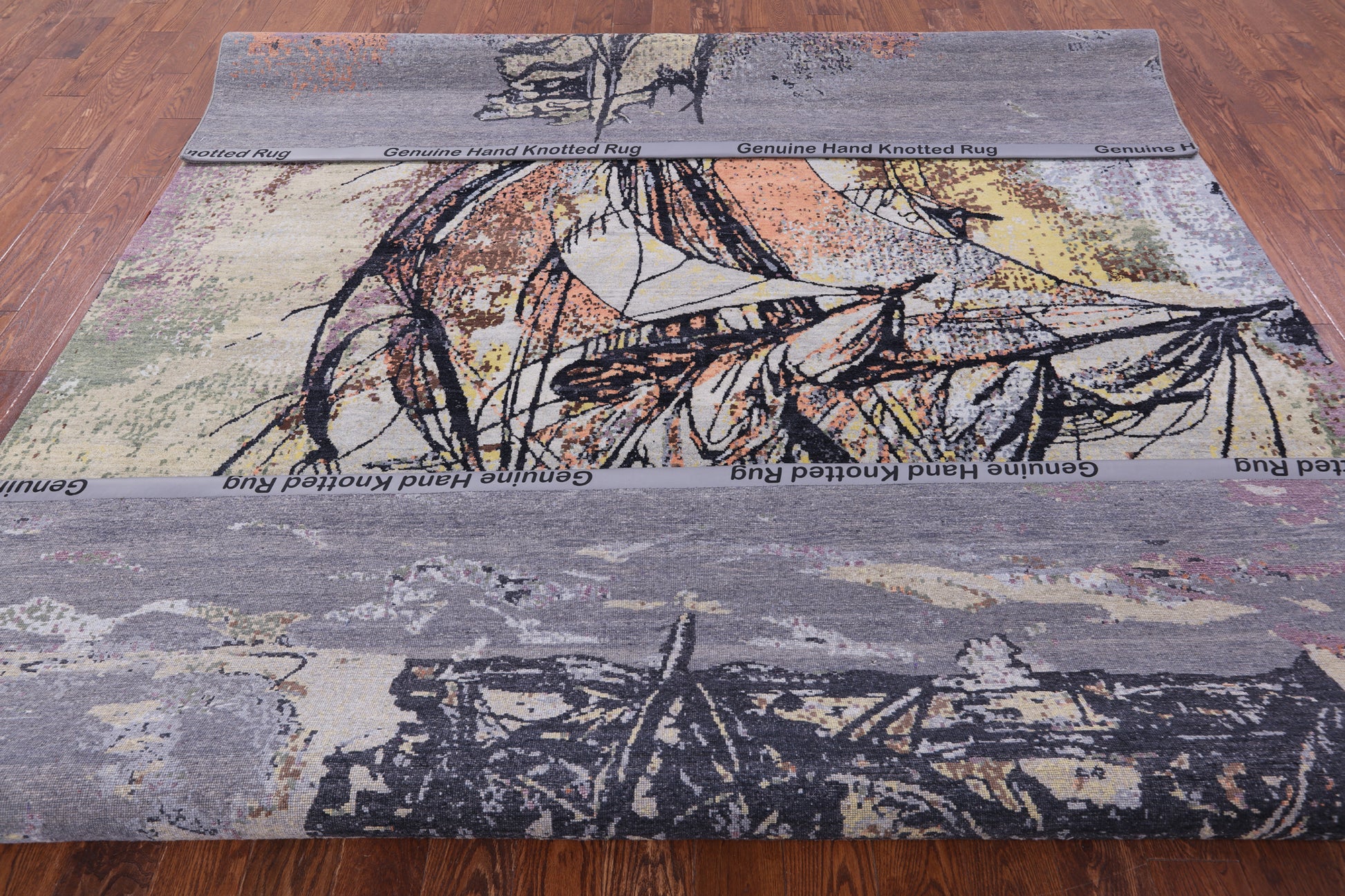Sailing Ship Design Contemporary Hand Knotted Wool & Silk Rug - 8' 11" X 12' 1" - Golden Nile