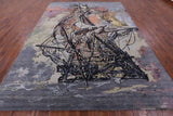 Sailing Ship Design Contemporary Hand Knotted Wool & Silk Rug - 8' 11" X 12' 1" - Golden Nile