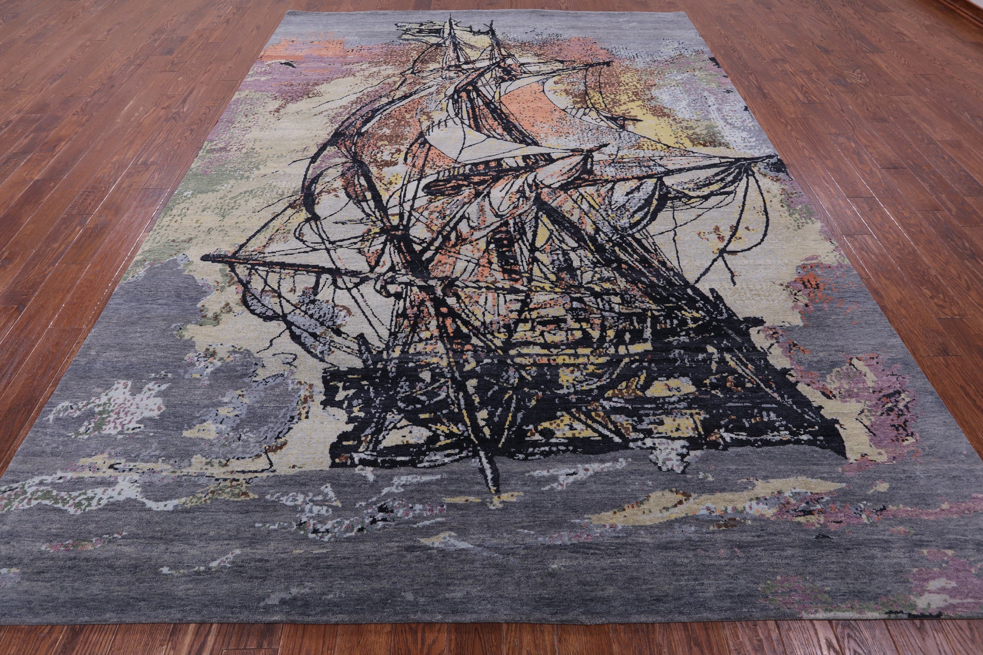 Sailing Ship Design Contemporary Hand Knotted Wool & Silk Rug - 8' 11" X 12' 1" - Golden Nile