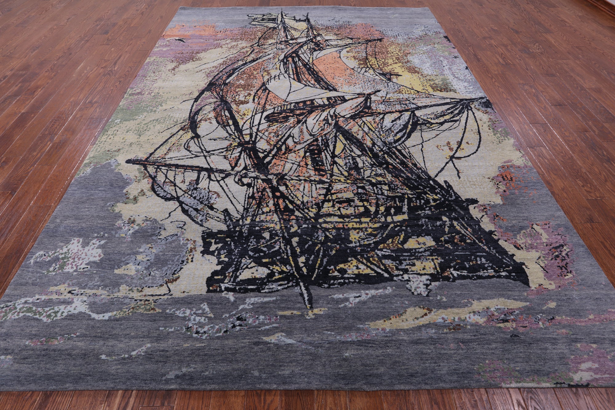 Sailing Ship Design Contemporary Hand Knotted Wool & Silk Rug - 8' 11" X 12' 1" - Golden Nile