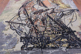 Sailing Ship Design Contemporary Hand Knotted Wool & Silk Rug - 8' 11" X 12' 1" - Golden Nile