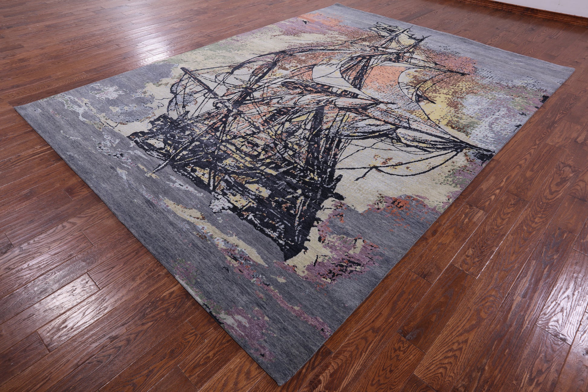 Sailing Ship Design Contemporary Hand Knotted Wool & Silk Rug - 8' 11" X 12' 1" - Golden Nile