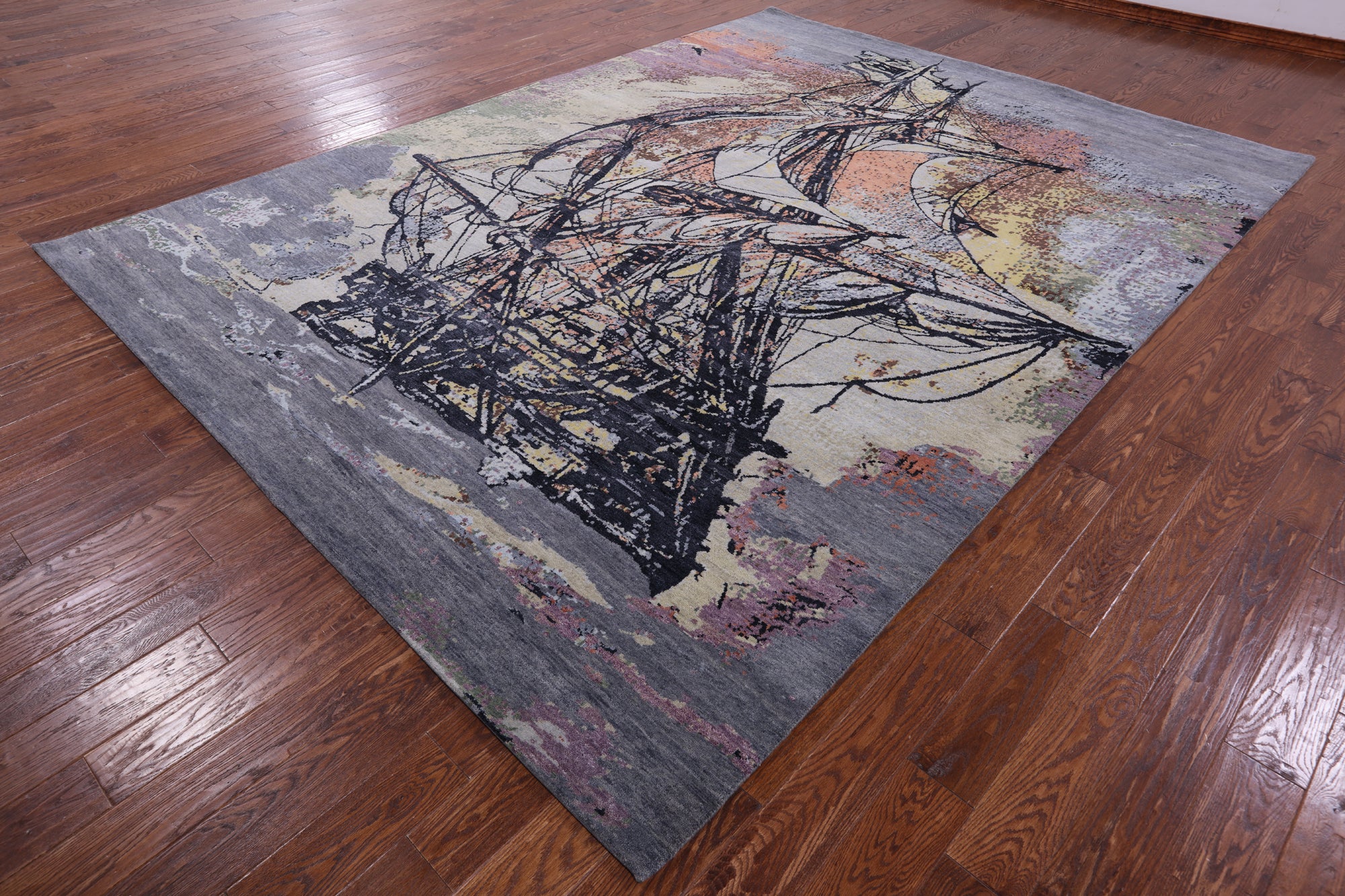 Sailing Ship Design Contemporary Hand Knotted Wool & Silk Rug - 8' 11" X 12' 1" - Golden Nile