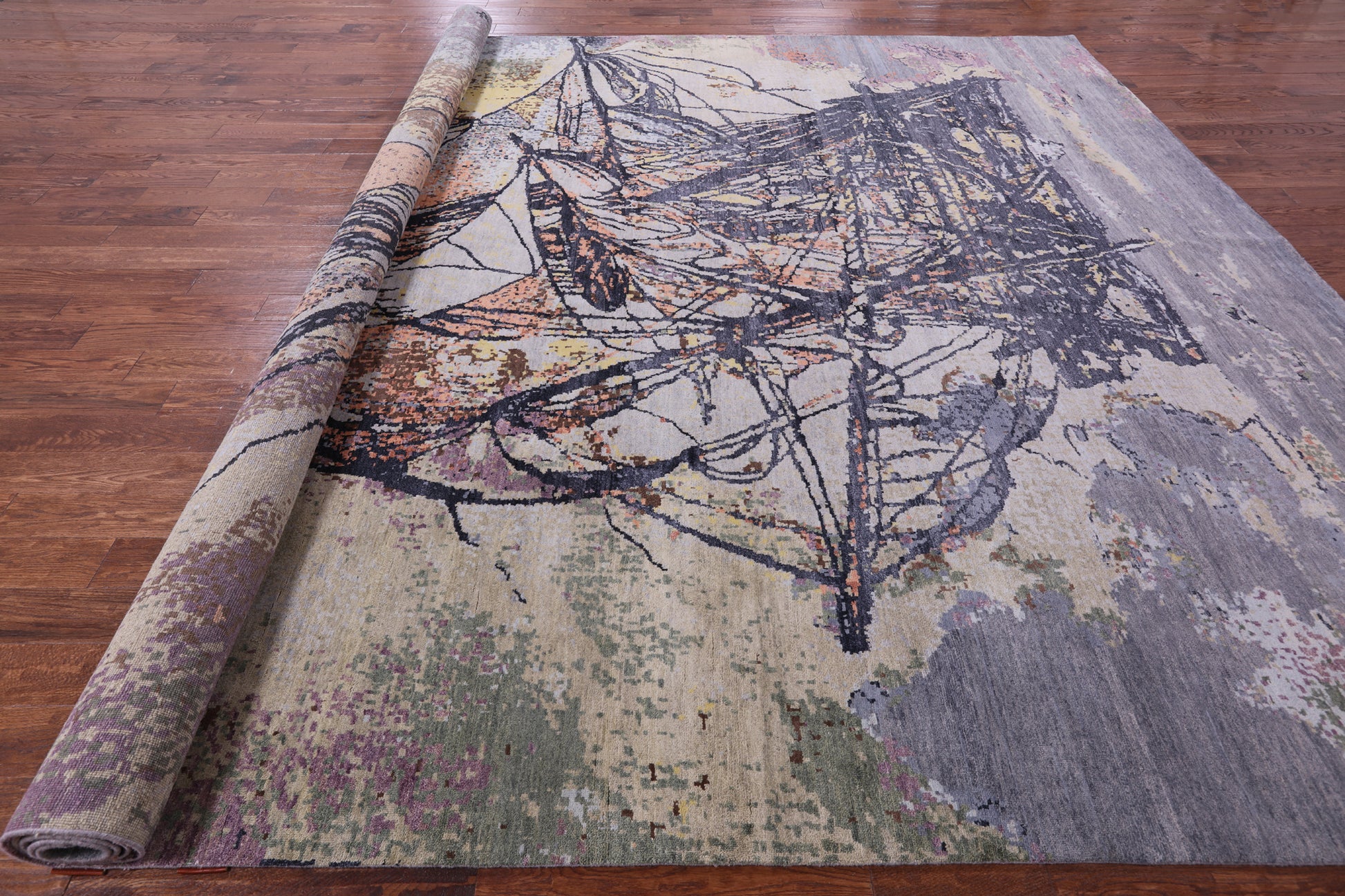 Sailing Ship Design Contemporary Hand Knotted Wool & Silk Rug - 12' 0" X 15' 4" - Golden Nile