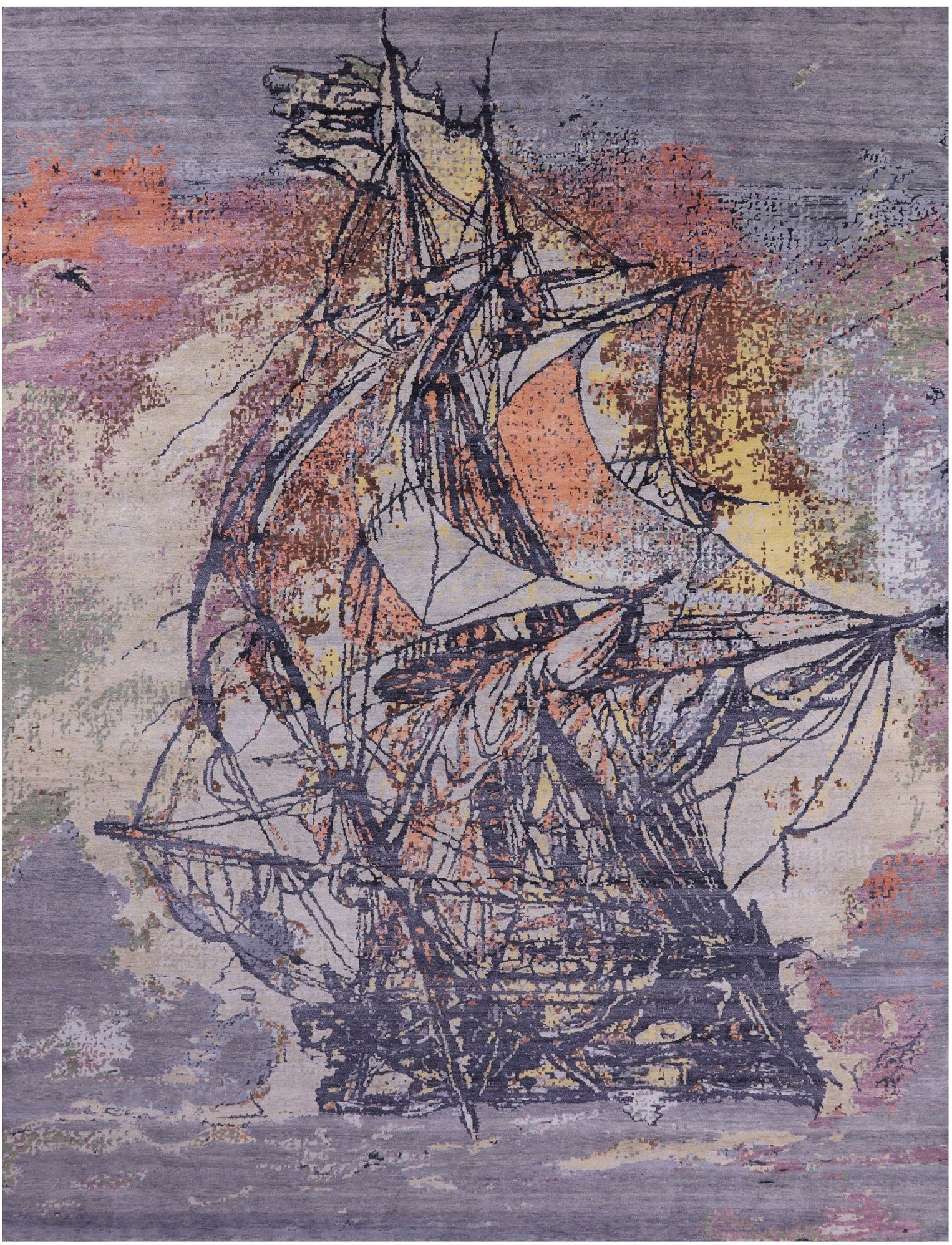 Sailing Ship Design Contemporary Hand Knotted Wool & Silk Rug - 12' 0" X 15' 4" - Golden Nile