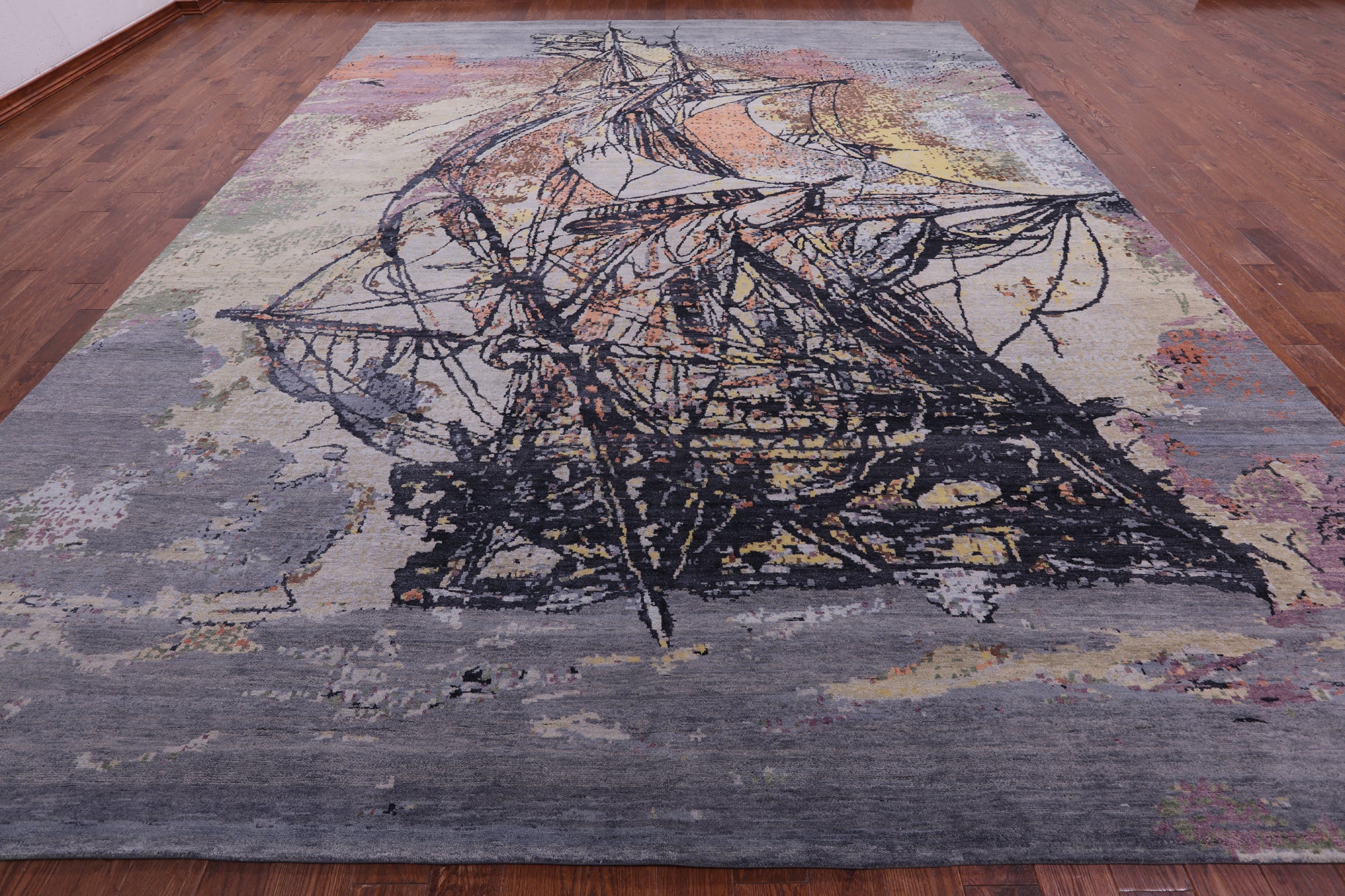 Sailing Ship Design Contemporary Hand Knotted Wool & Silk Rug - 12' 0" X 15' 4" - Golden Nile