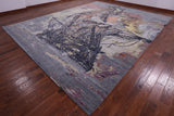 Sailing Ship Design Contemporary Hand Knotted Wool & Silk Rug - 12' 0" X 15' 4" - Golden Nile