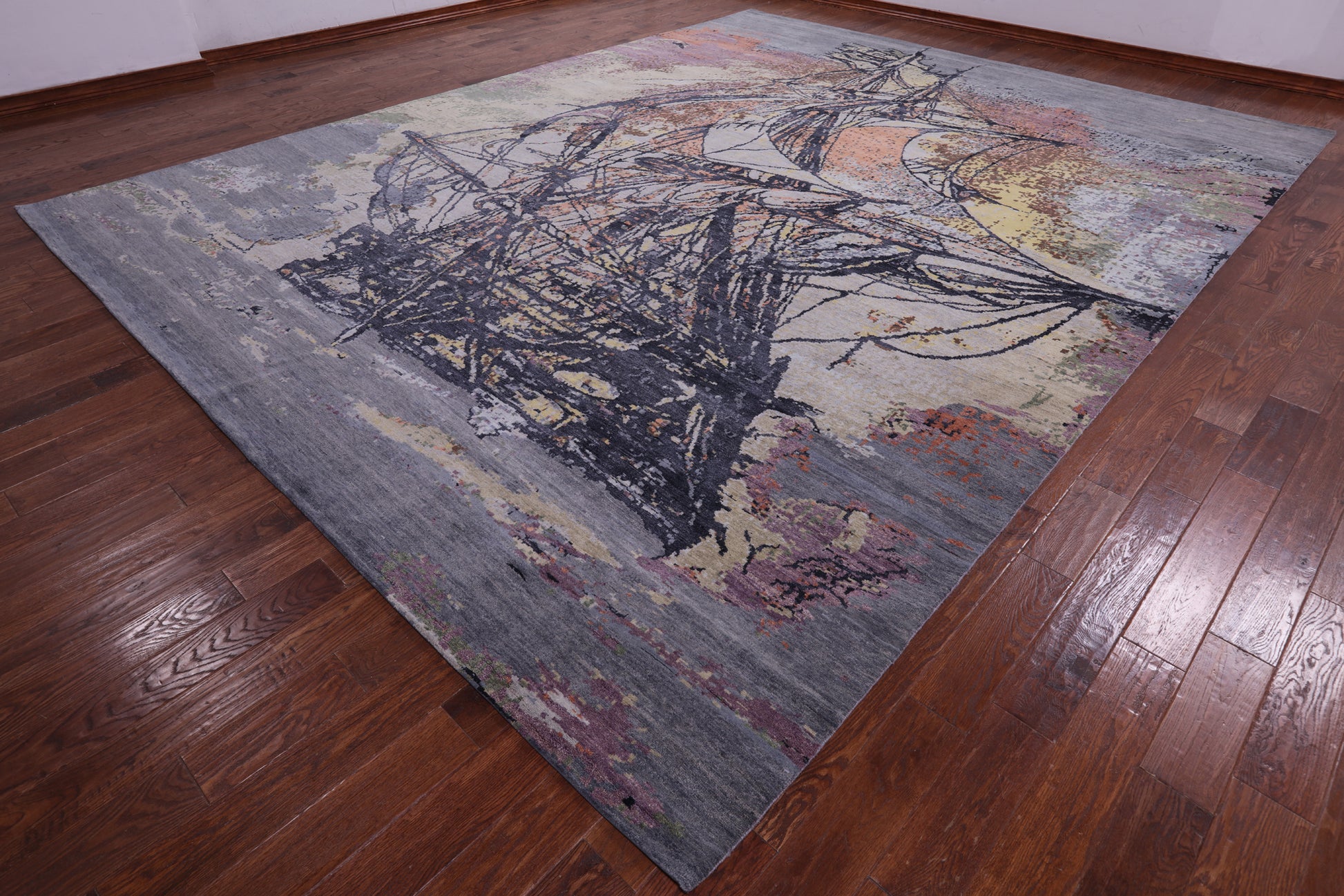 Sailing Ship Design Contemporary Hand Knotted Wool & Silk Rug - 12' 0" X 15' 4" - Golden Nile