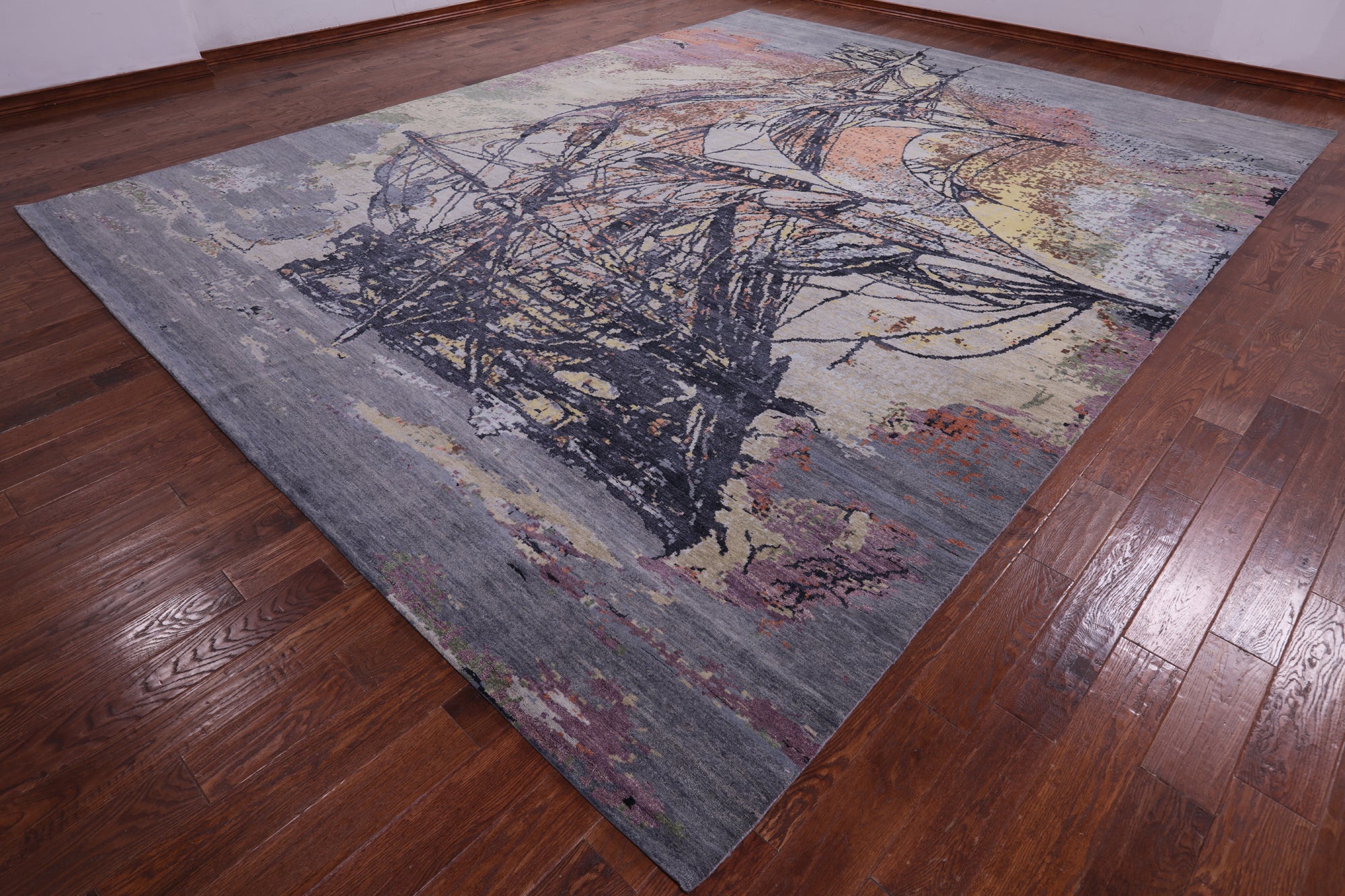 Sailing Ship Design Contemporary Hand Knotted Wool & Silk Rug - 12' 0" X 15' 4" - Golden Nile