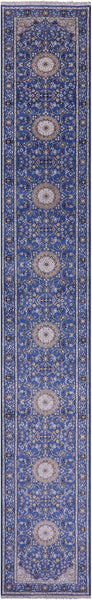 Blue Persian Nain Hand Knotted Wool & Silk Runner Rug - 2' 8" X 18' 1" - Golden Nile