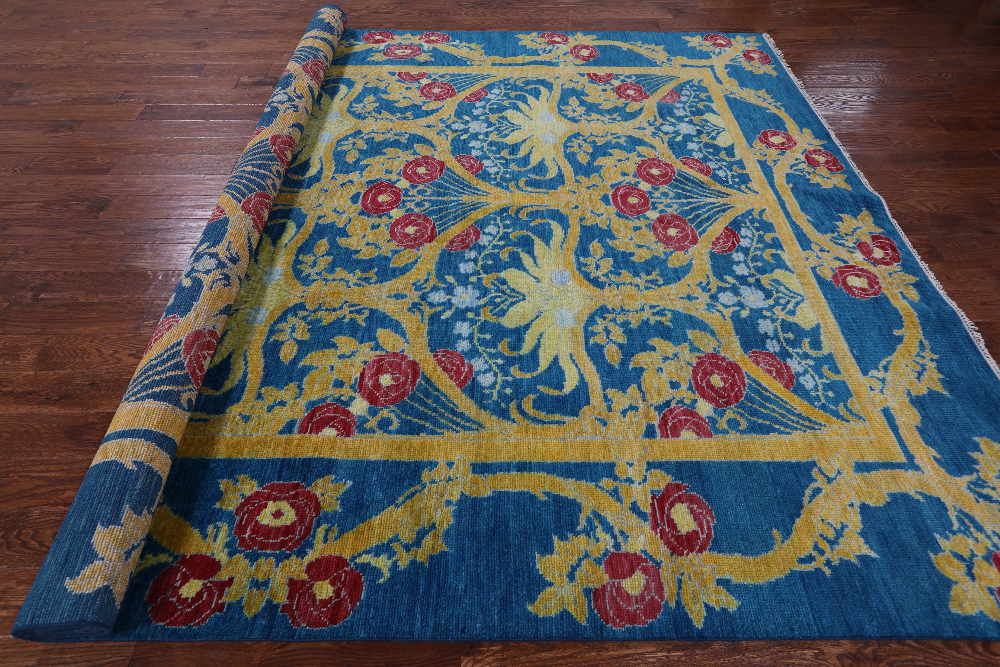 Blue William Morris Hand Knotted Wool Rug - 9' 1" X 12' 1" - Golden Nile