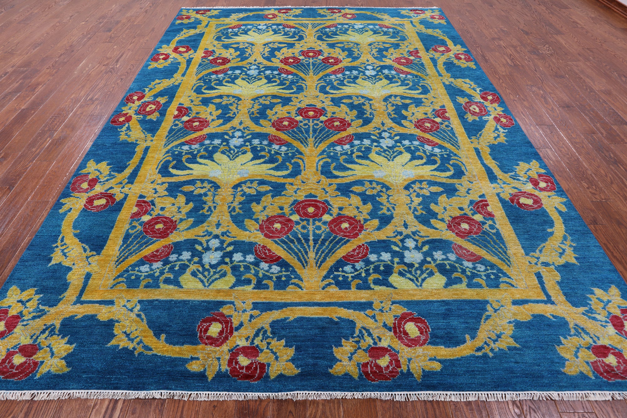 Blue William Morris Hand Knotted Wool Rug - 9' 1" X 12' 1" - Golden Nile