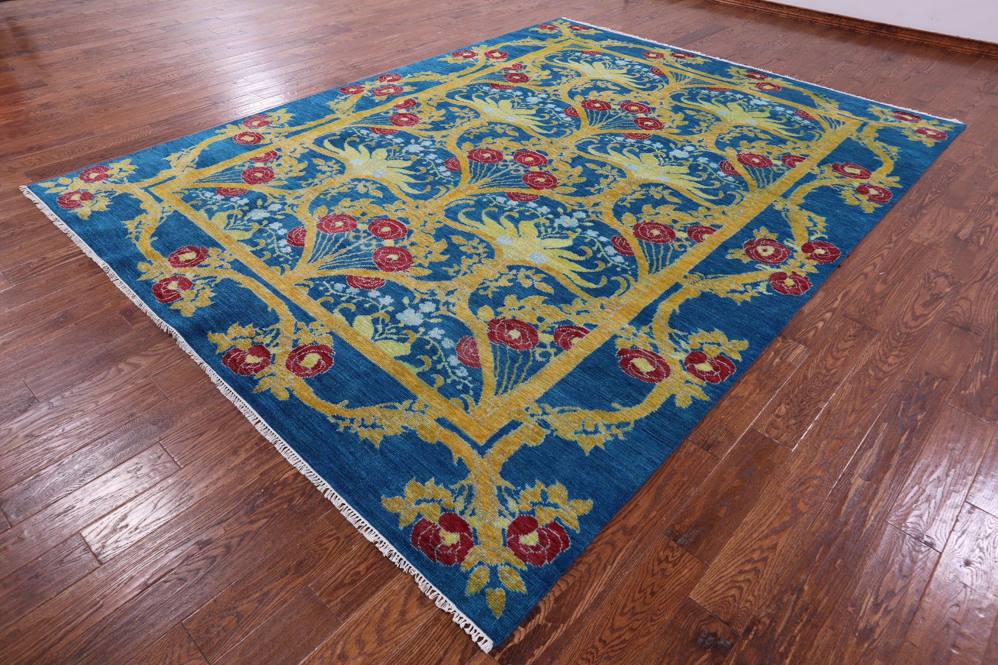 Blue William Morris Hand Knotted Wool Rug - 9' 1" X 12' 1" - Golden Nile