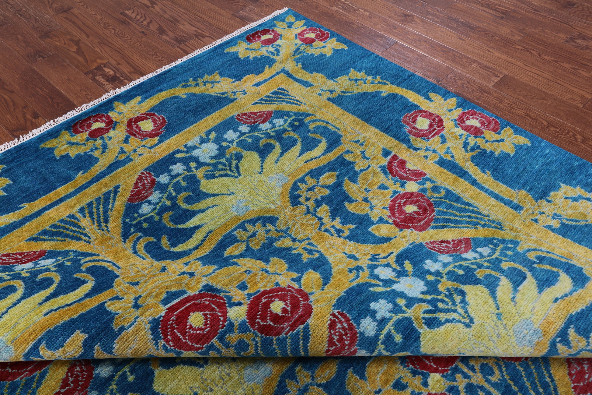 Blue William Morris Hand Knotted Wool Rug - 9' 1" X 12' 1" - Golden Nile