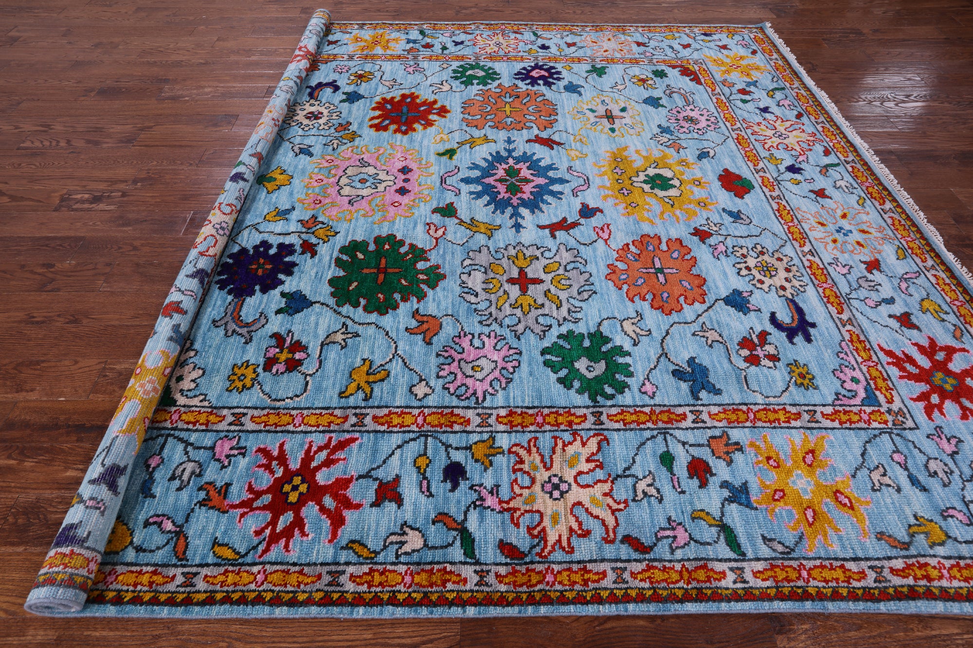 Blue Square Turkish Oushak Hand Knotted Wool Rug - 9' 5" X 9' 2" - Golden Nile