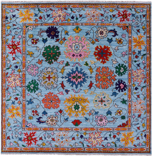 Blue Square Turkish Oushak Hand Knotted Wool Rug - 9' 5" X 9' 2" - Golden Nile