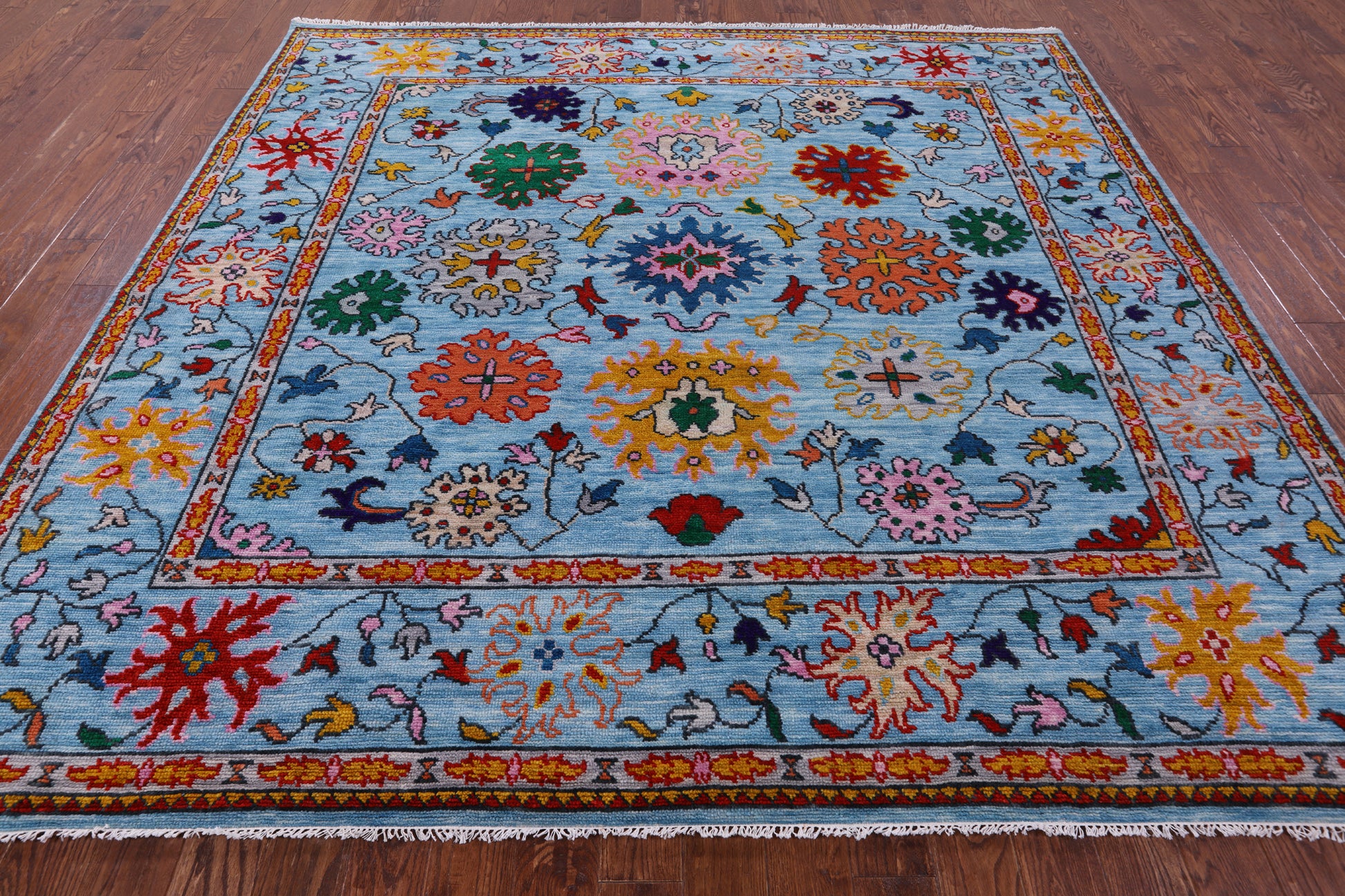 Blue Square Turkish Oushak Hand Knotted Wool Rug - 9' 5" X 9' 2" - Golden Nile