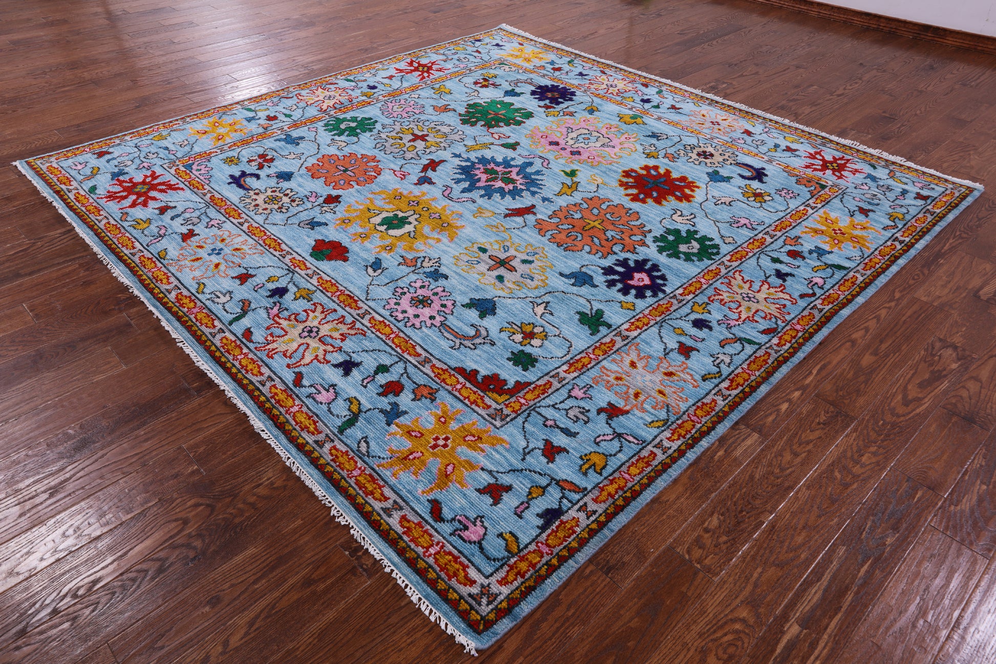 Blue Square Turkish Oushak Hand Knotted Wool Rug - 9' 5" X 9' 2" - Golden Nile