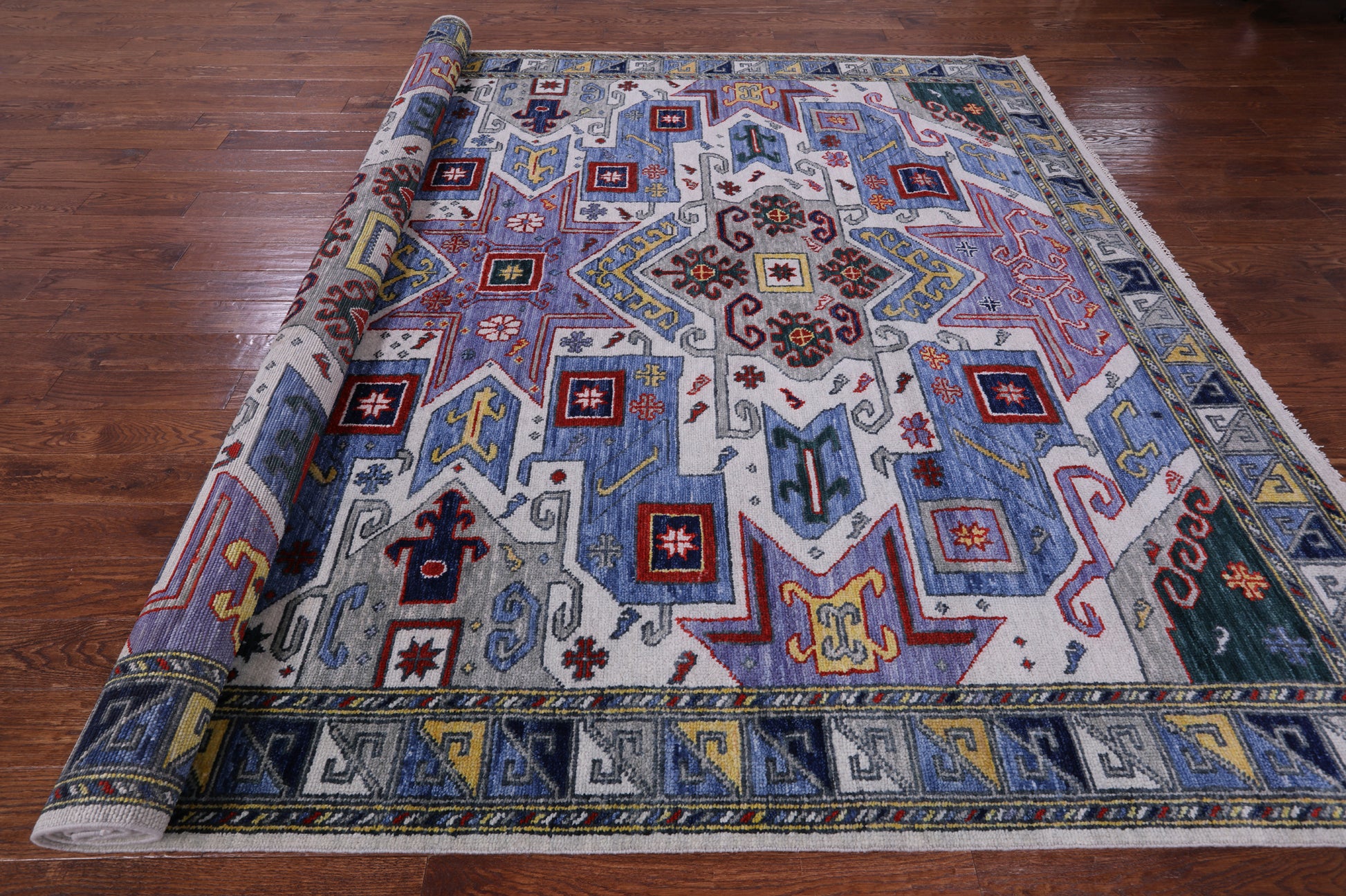 Geometric Kazak Hand Knotted Wool Rug - 9' 2" X 12' 2" - Golden Nile
