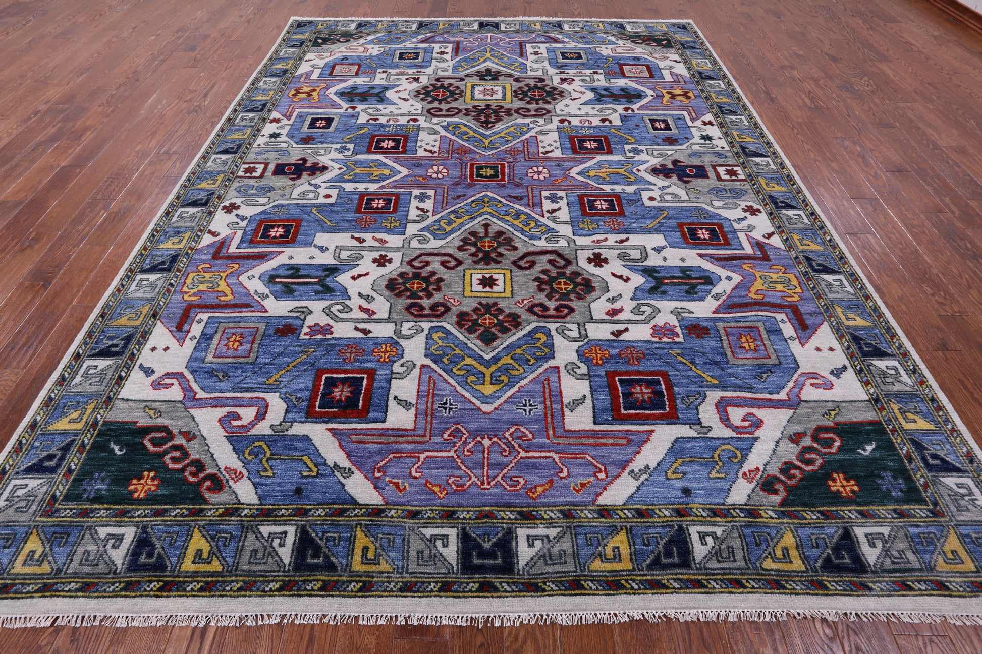Geometric Kazak Hand Knotted Wool Rug - 9' 2" X 12' 2" - Golden Nile