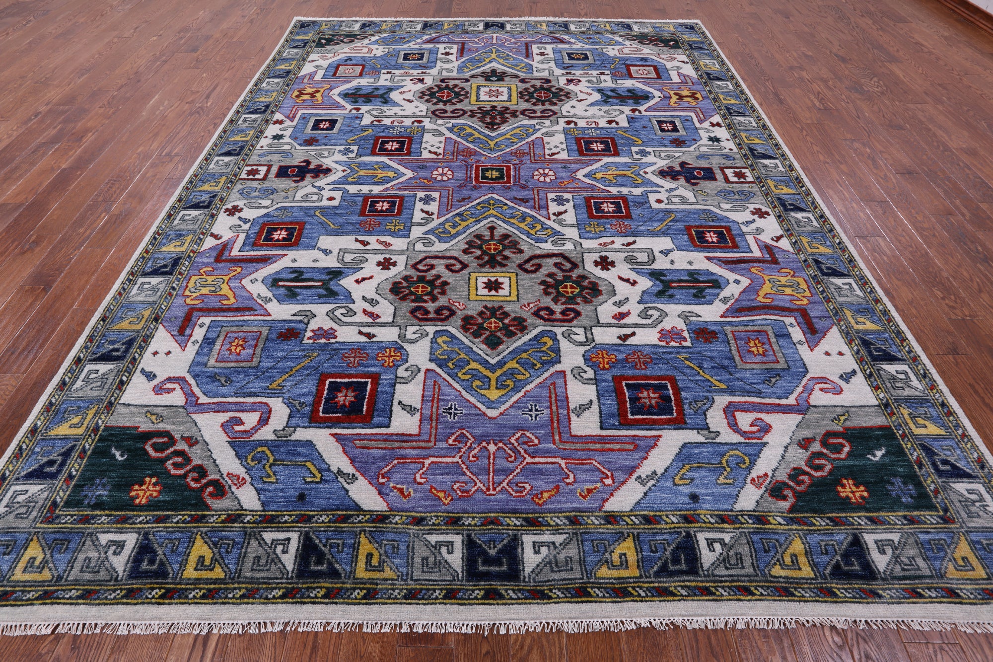 Geometric Kazak Hand Knotted Wool Rug - 9' 2" X 12' 2" - Golden Nile