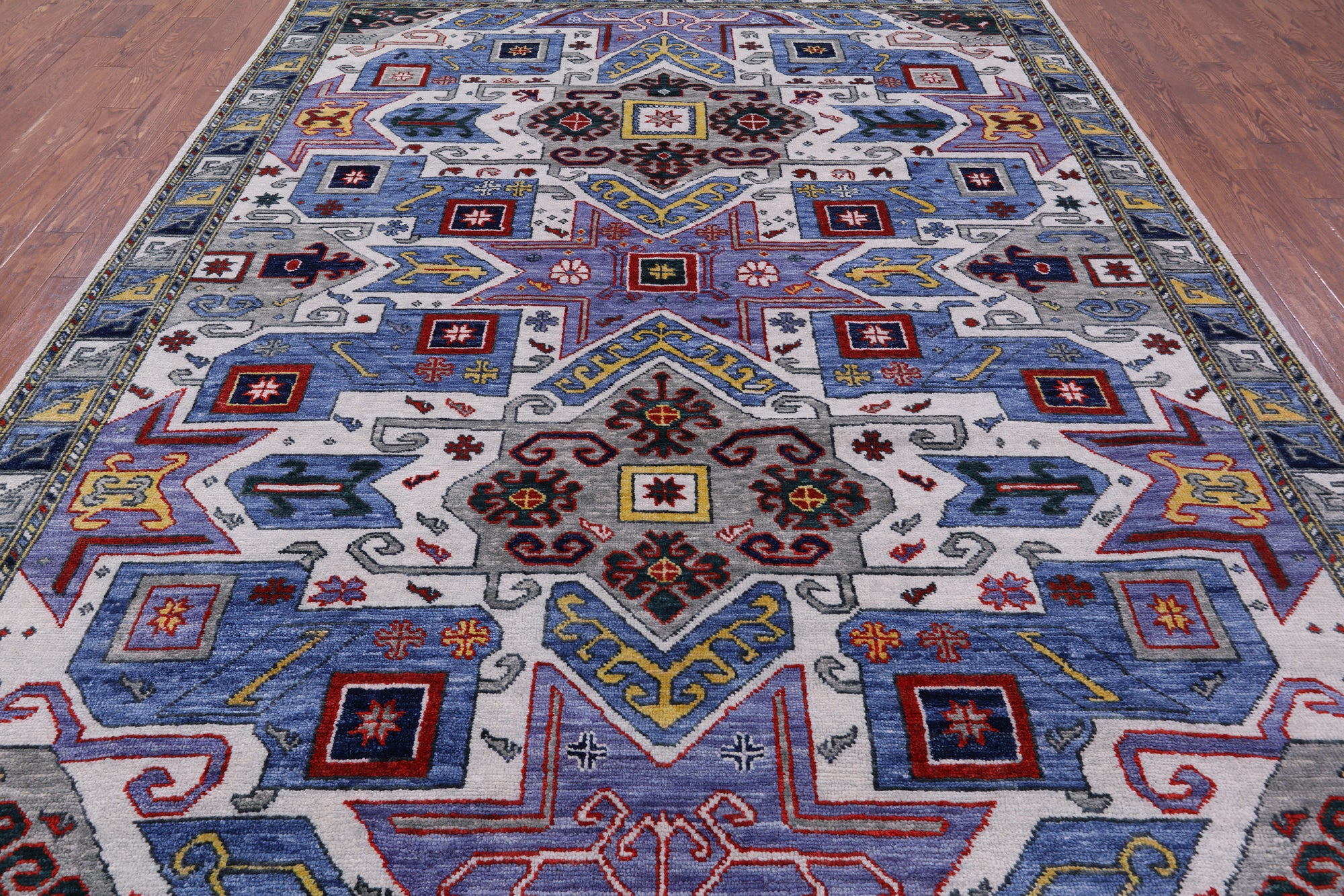 Geometric Kazak Hand Knotted Wool Rug - 9' 2" X 12' 2" - Golden Nile
