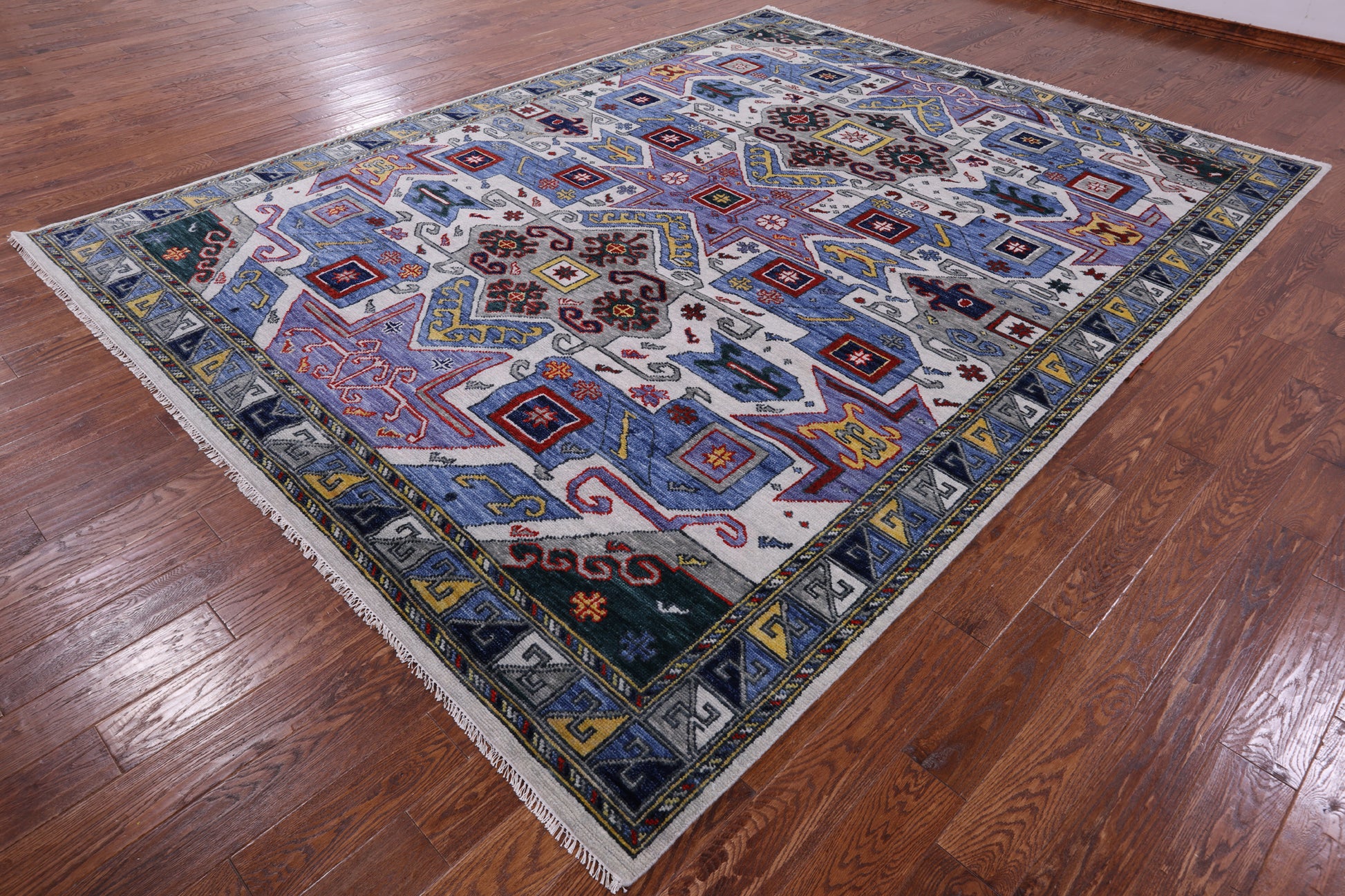 Geometric Kazak Hand Knotted Wool Rug - 9' 2" X 12' 2" - Golden Nile