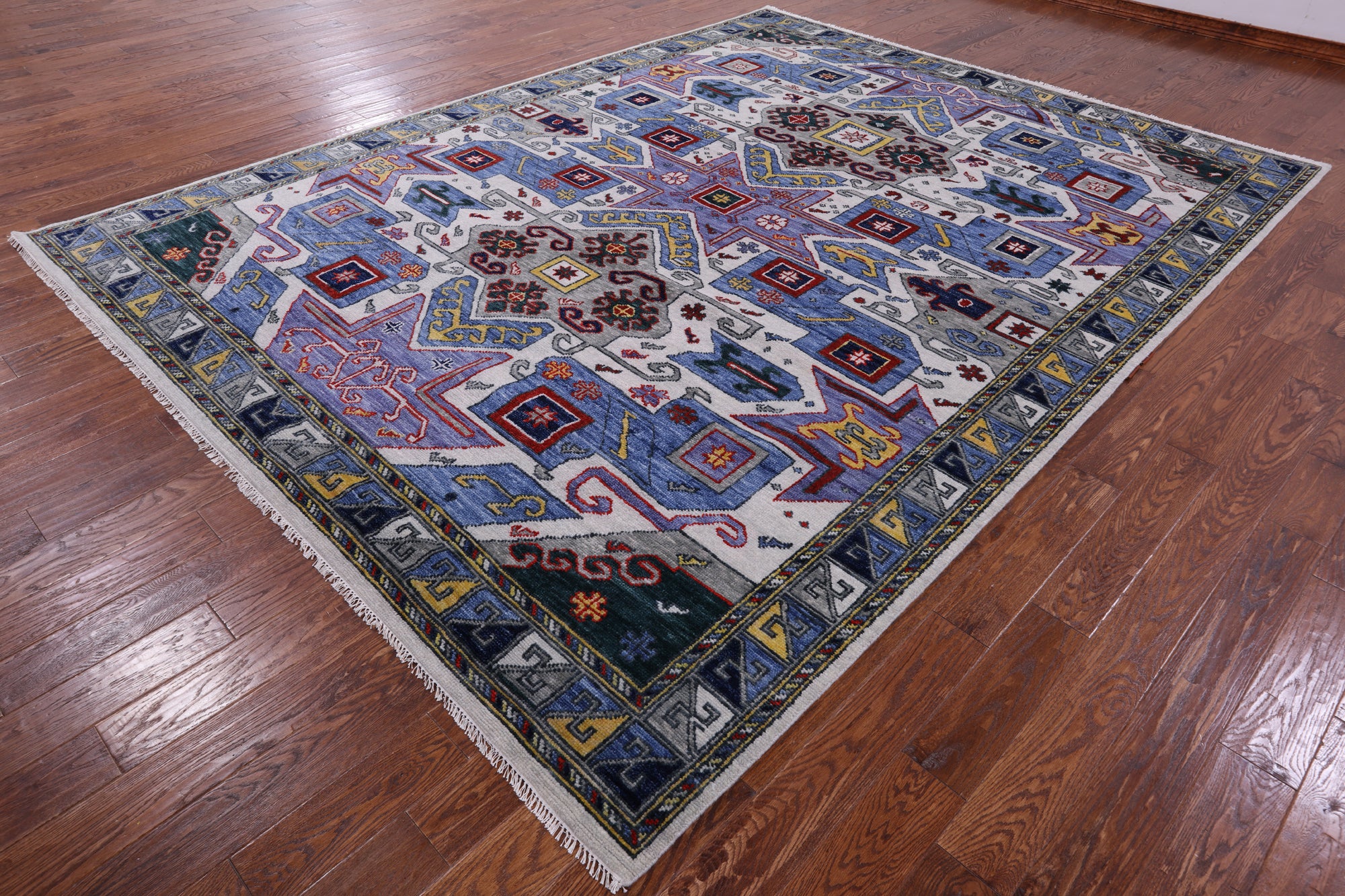 Geometric Kazak Hand Knotted Wool Rug - 9' 2" X 12' 2" - Golden Nile