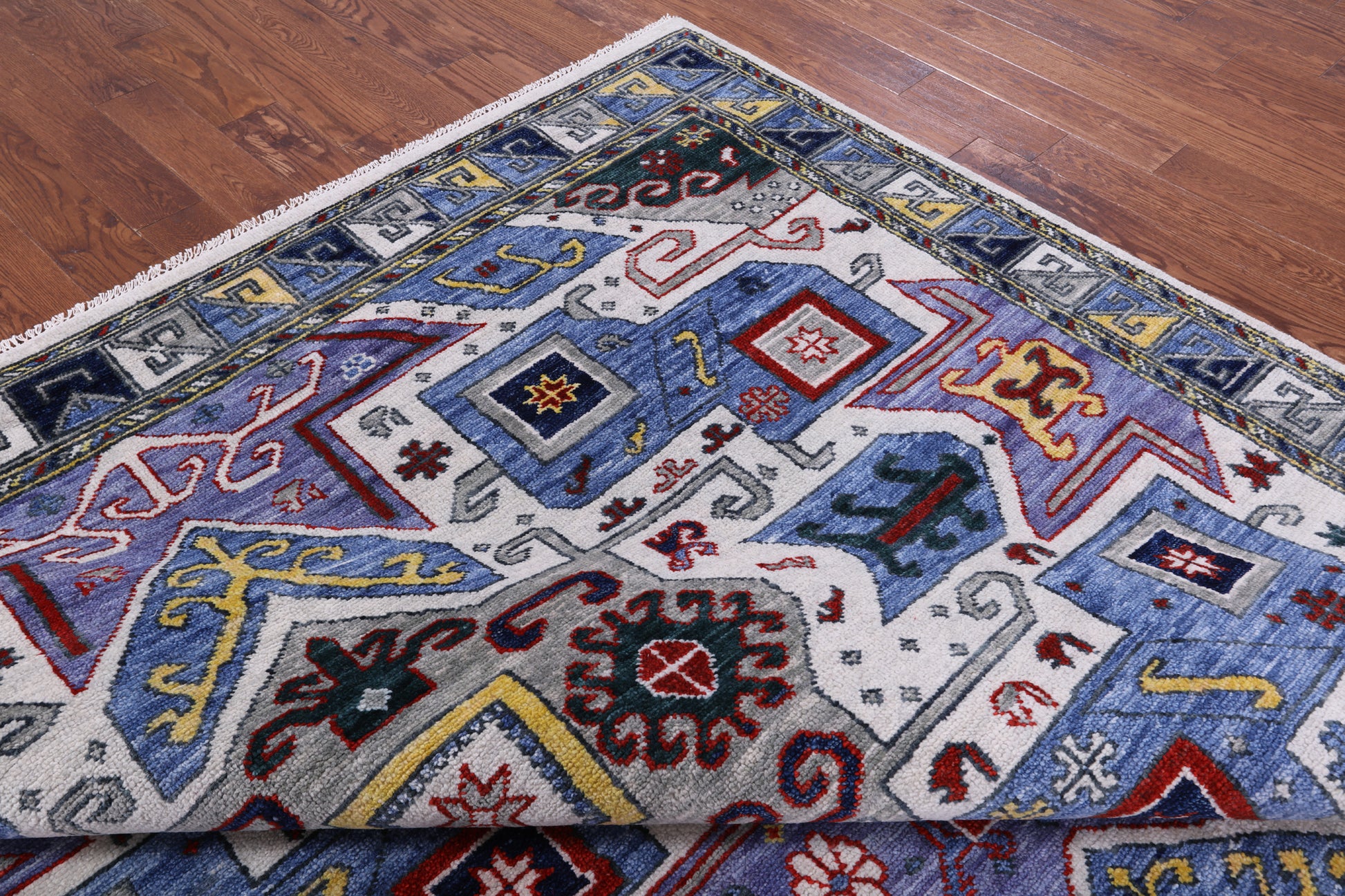 Geometric Kazak Hand Knotted Wool Rug - 9' 2" X 12' 2" - Golden Nile