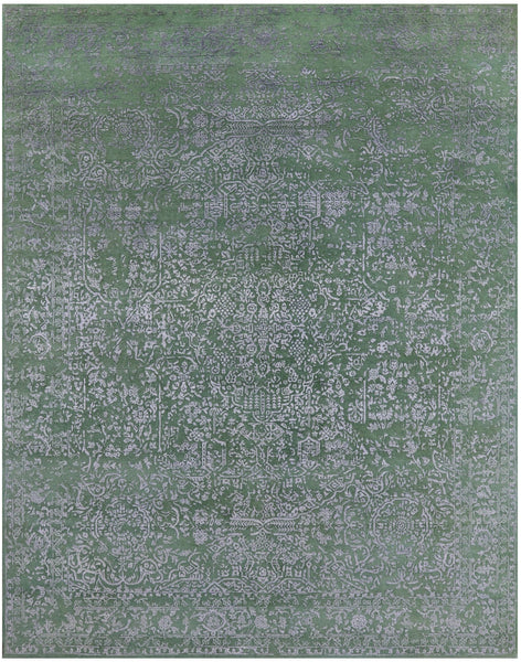 Green Modern Hand Knotted Wool & Silk Rug - 7' 10" X 9' 11" - Golden Nile