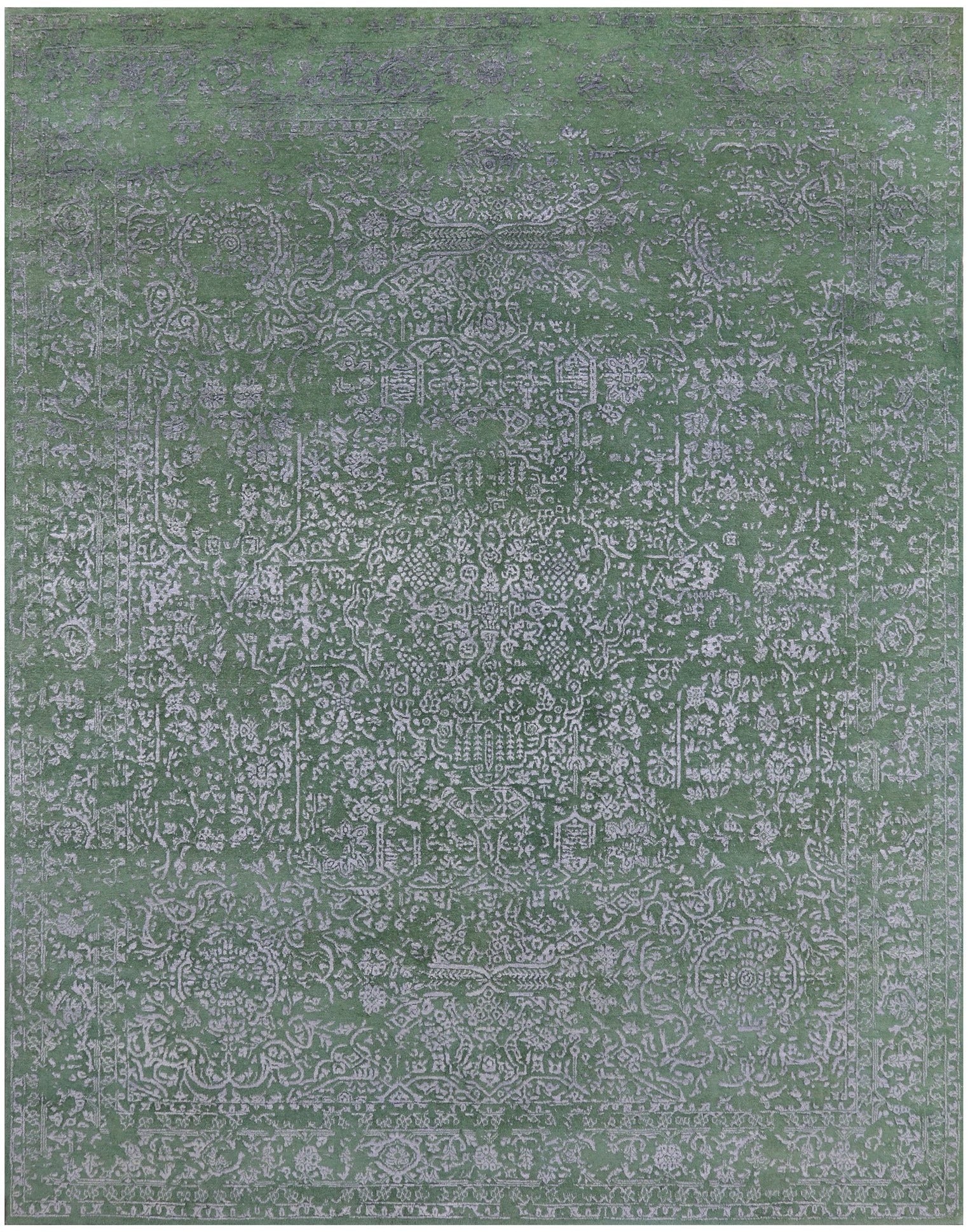 Green Modern Hand Knotted Wool & Silk Rug - 7' 10" X 9' 11" - Golden Nile