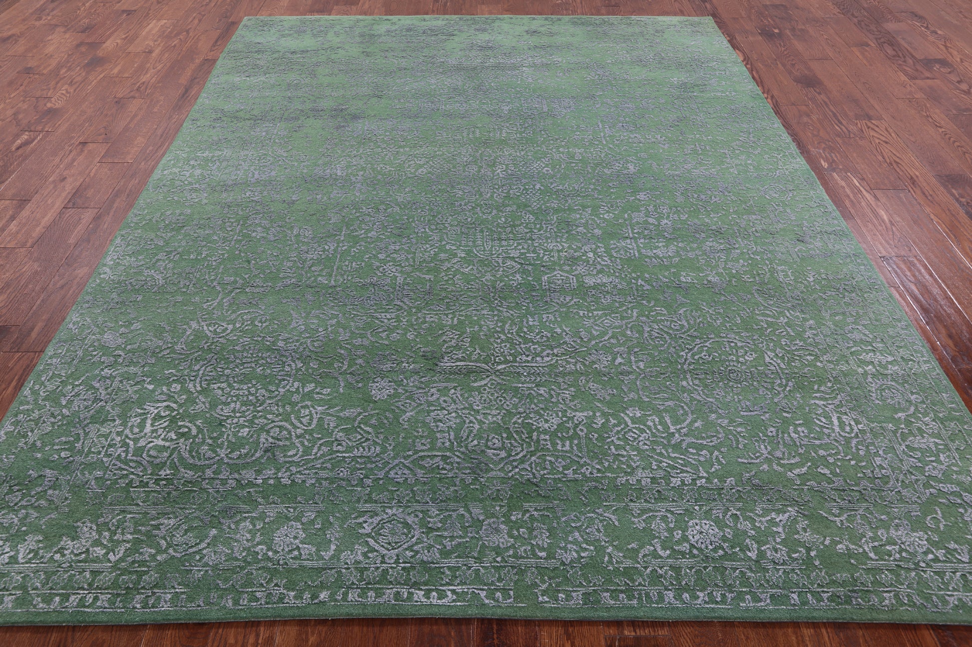 Green Modern Hand Knotted Wool & Silk Rug - 7' 10" X 9' 11" - Golden Nile