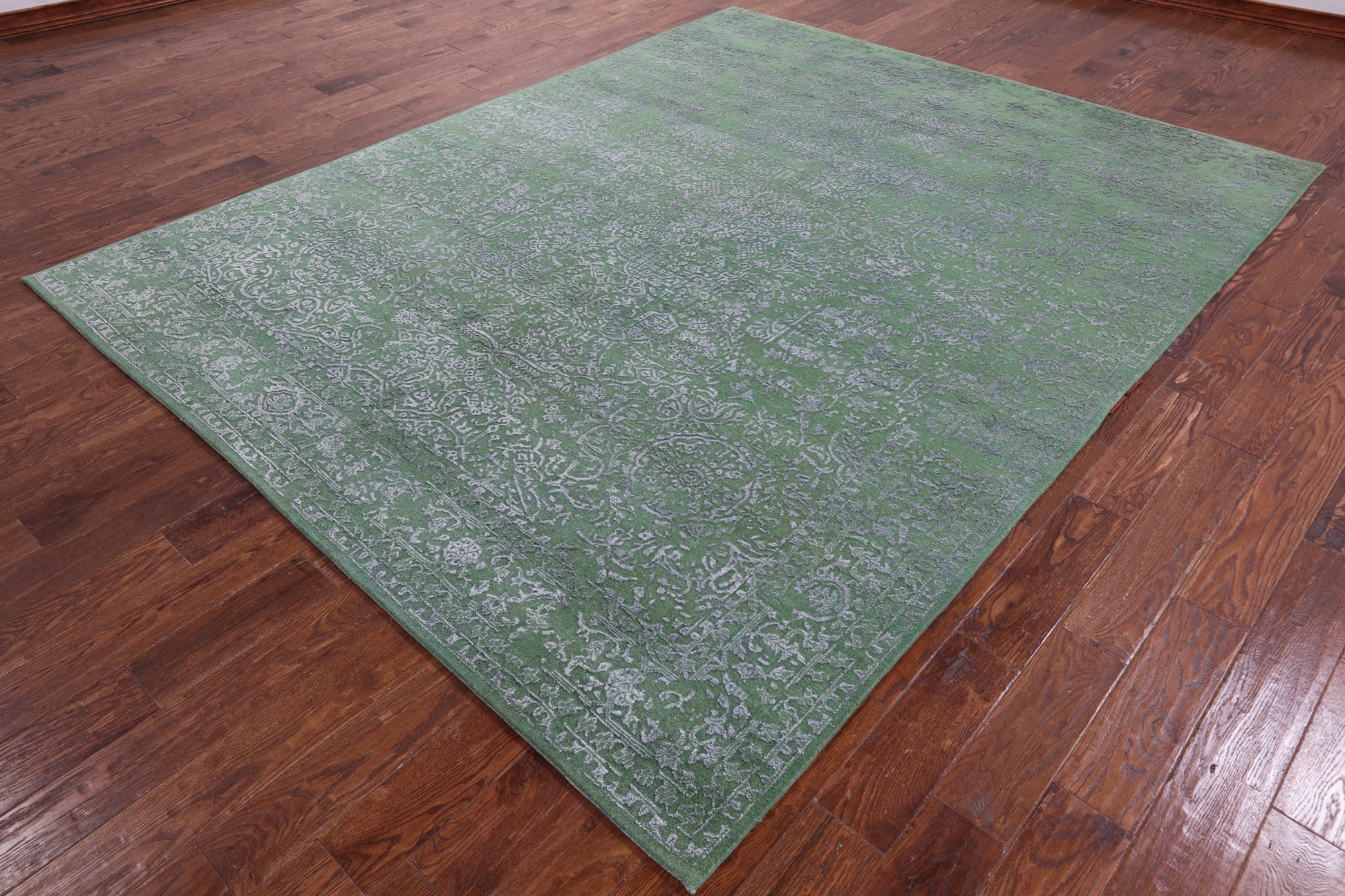 Green Modern Hand Knotted Wool & Silk Rug - 7' 10" X 9' 11" - Golden Nile