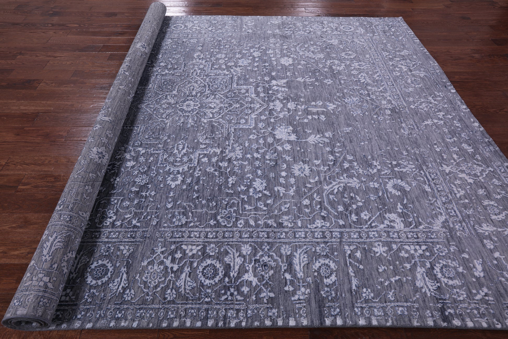 Grey Persian Fine Serapi Hand Knotted Wool & Silk Rug - 8' 11" X 12' 0" - Golden Nile