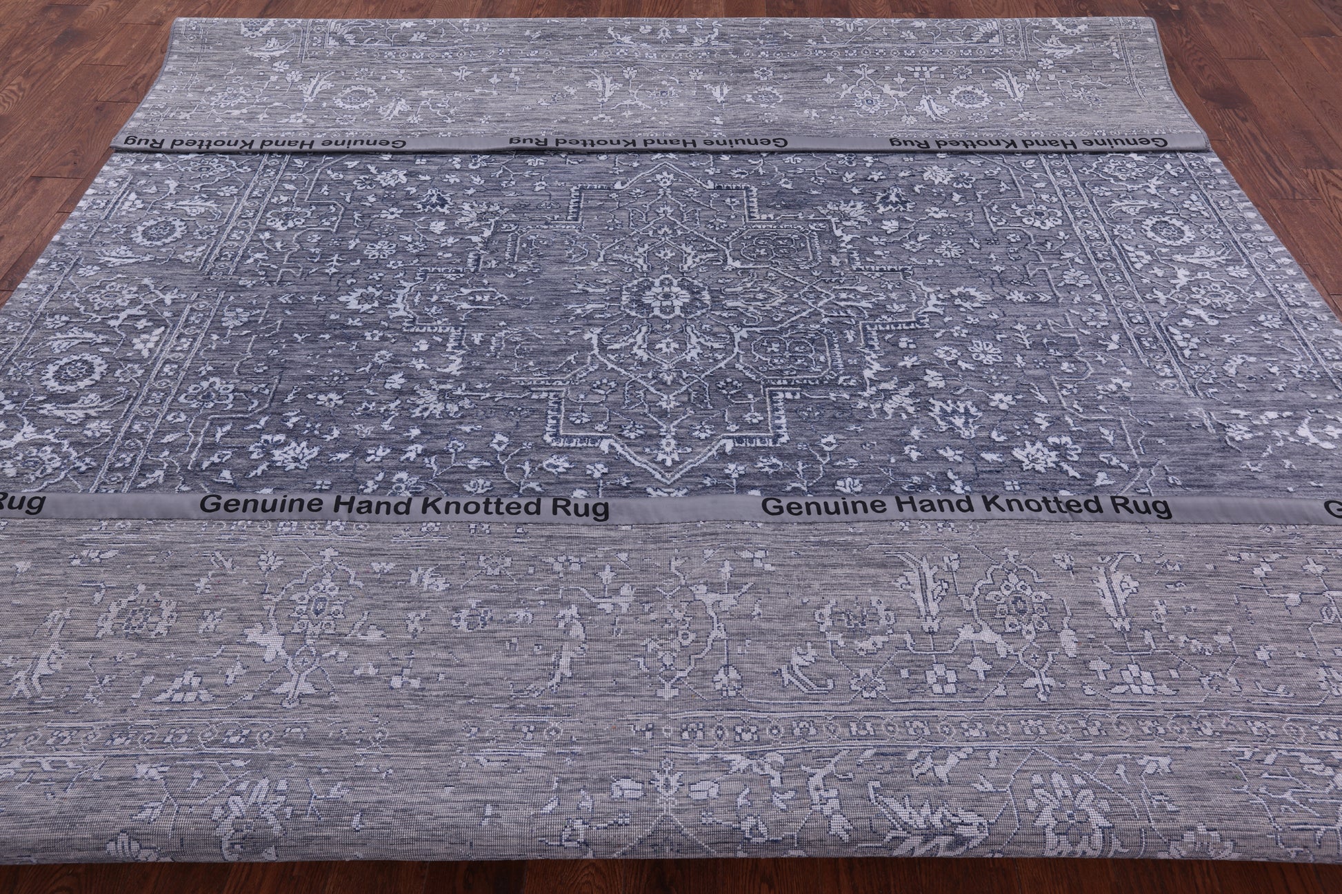 Grey Persian Fine Serapi Hand Knotted Wool & Silk Rug - 8' 11" X 12' 0" - Golden Nile