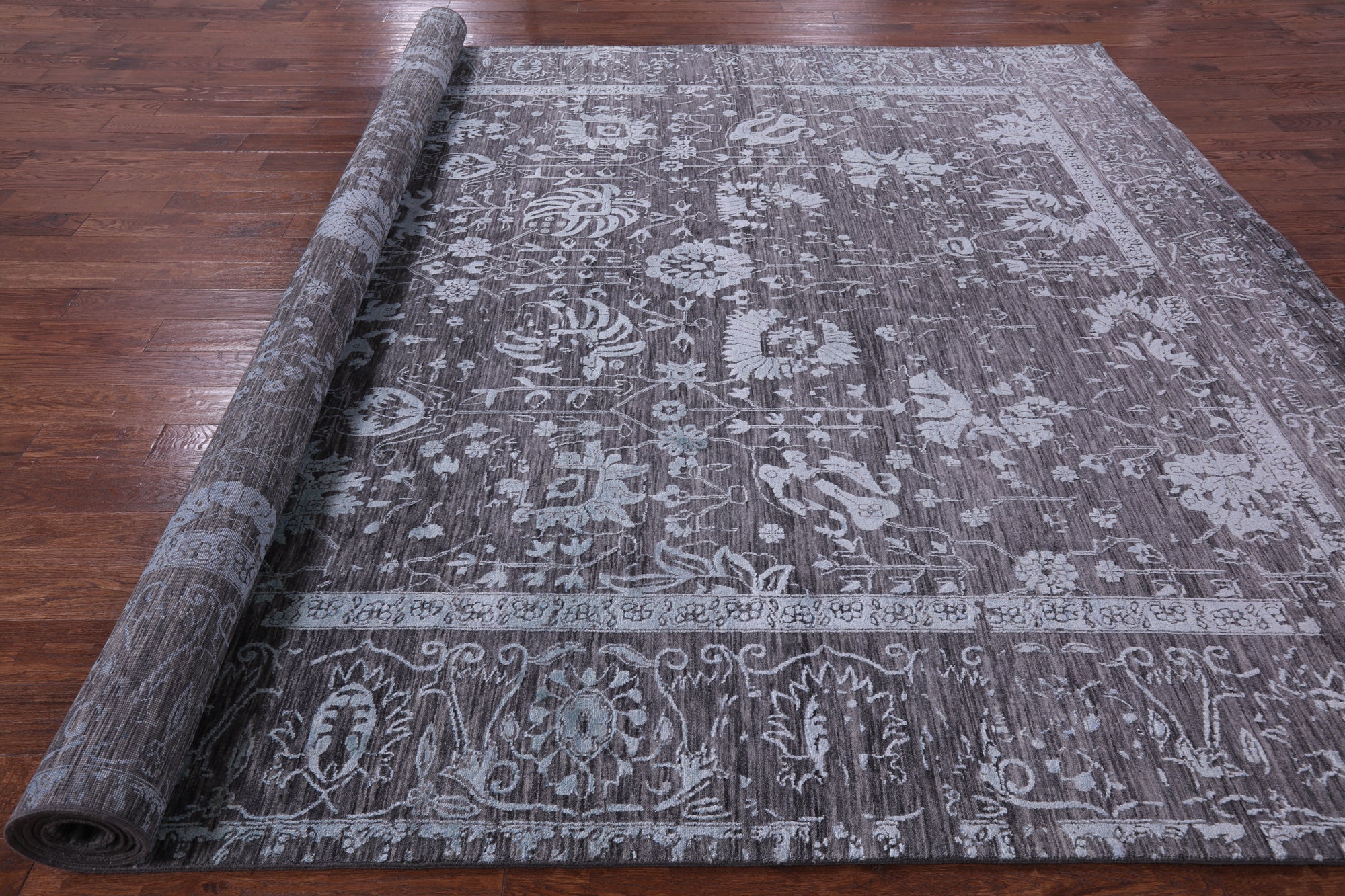 Grey Persian Hand Knotted Wool & Silk Rug - 10' 2" X 14' 2" - Golden Nile