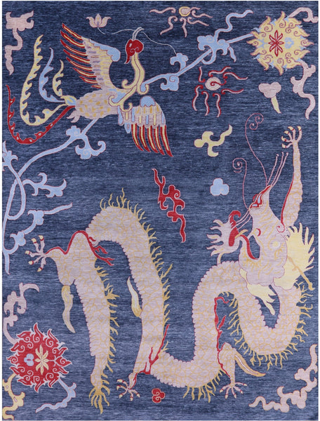 Dragon And Phoenix Design Hand Knotted Wool Rug - 8' 11" X 12' 1" - Golden Nile