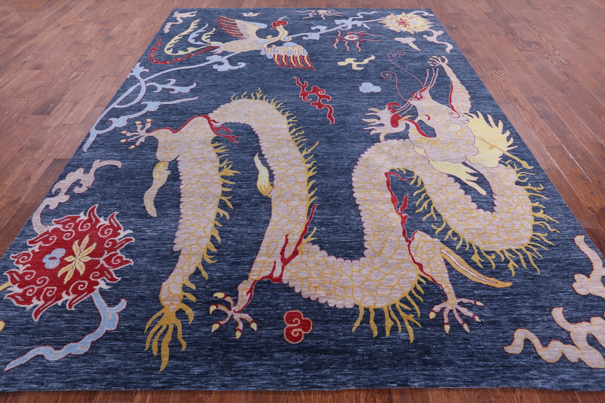 Dragon And Phoenix Design Hand Knotted Wool Rug - 8' 11" X 12' 1" - Golden Nile