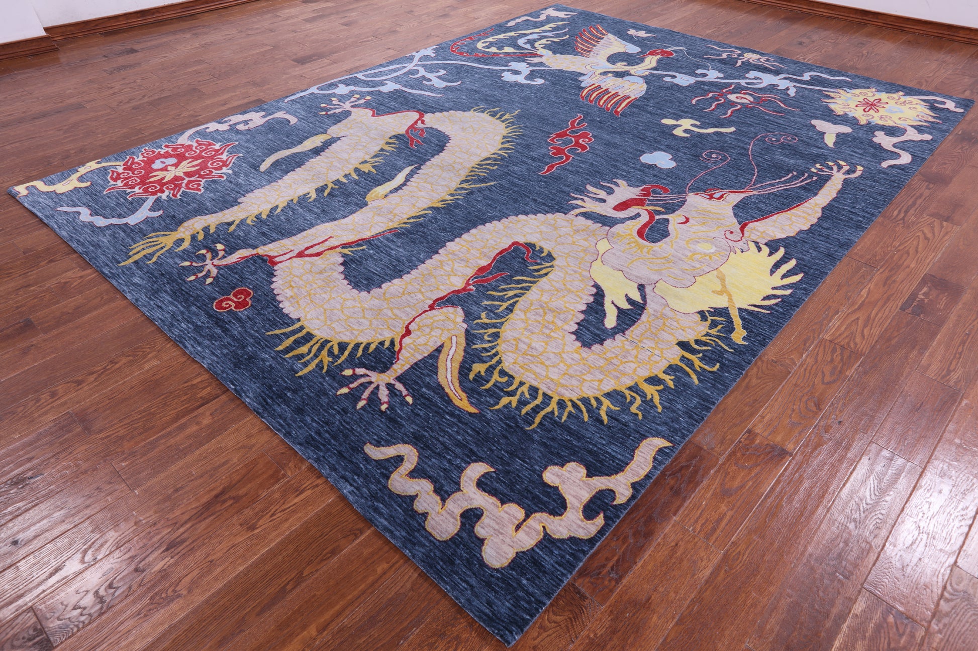 Dragon And Phoenix Design Hand Knotted Wool Rug - 8' 11" X 12' 1" - Golden Nile
