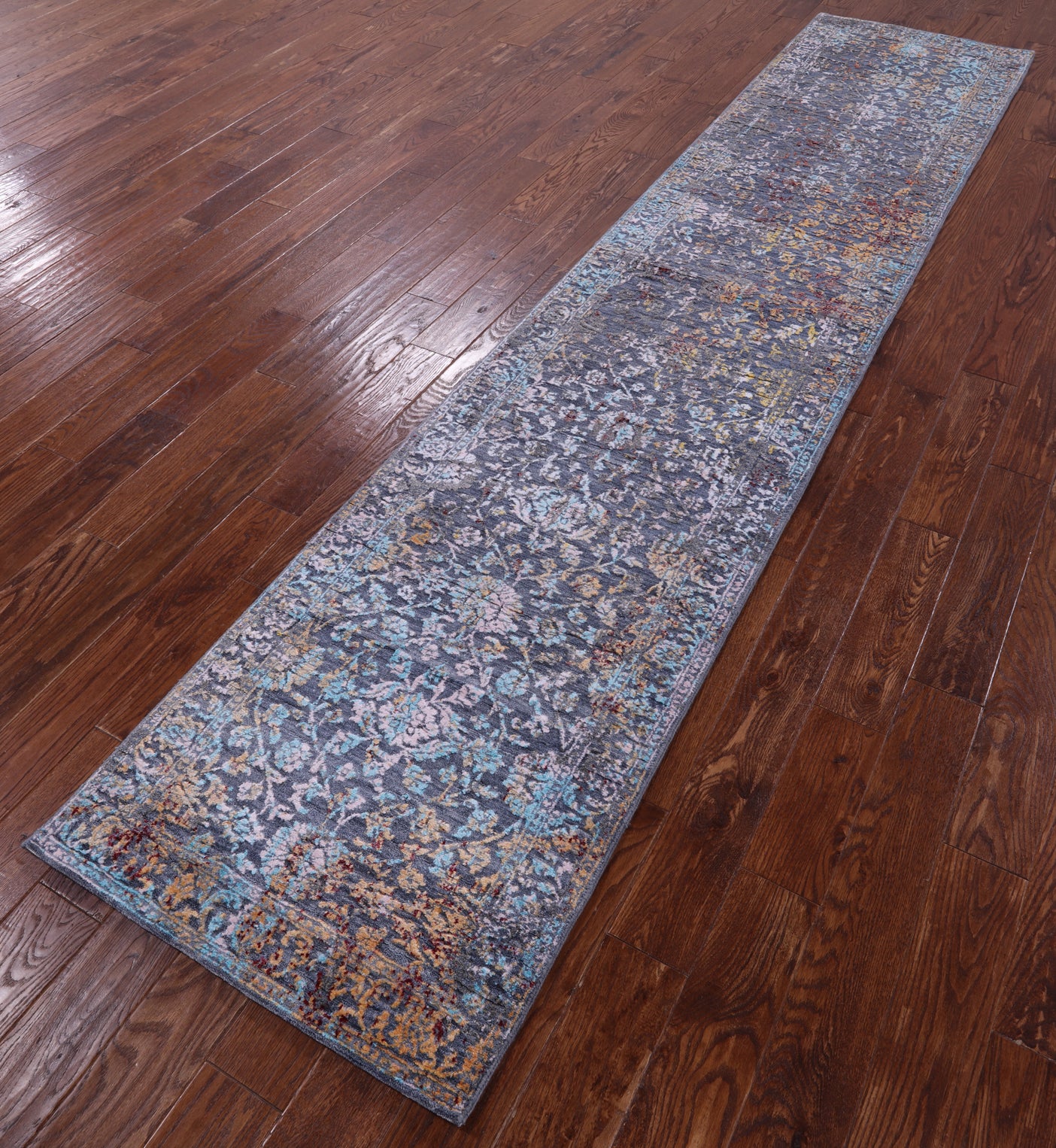 Modern Hand Knotted Wool & Silk Runner Rug - 2' 7" X 12' 4" - Golden Nile