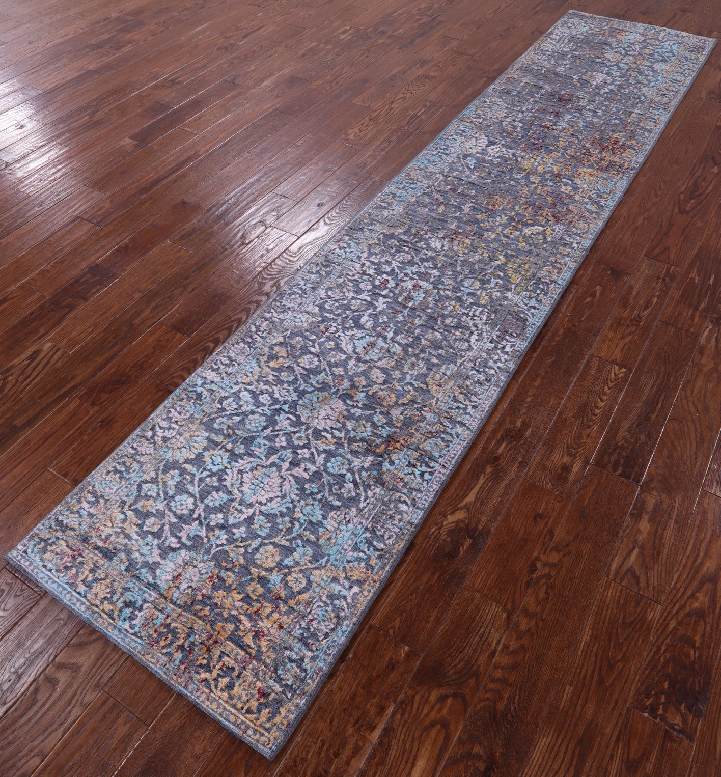 Persian Hand Knotted Wool & Silk Runner Rug - 2' 6" X 12' 4" - Golden Nile