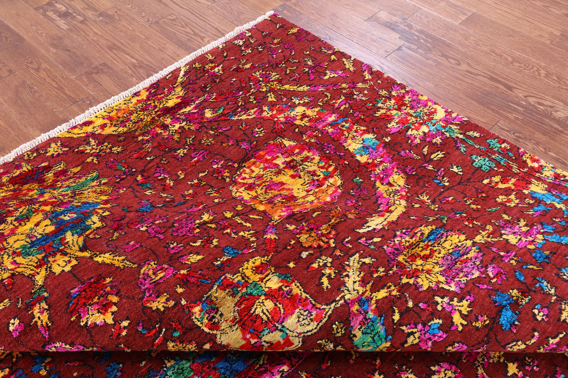 Brown Sickle Leaf Design Persian Hand Knotted Wool & Silk Rug - 7' 10" X 10' 1" - Golden Nile