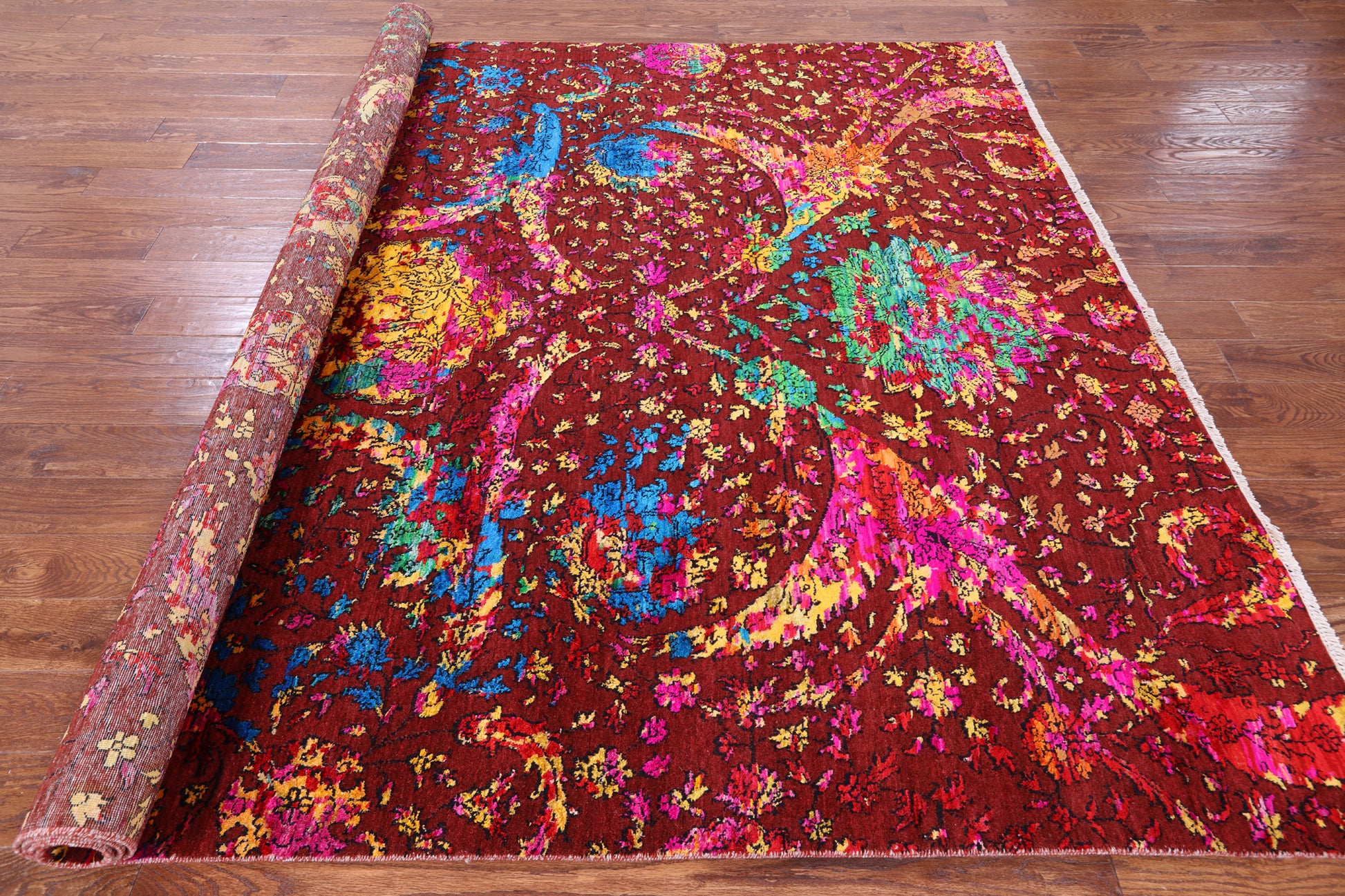 Brown Sickle Leaf Design Persian Hand Knotted Wool & Silk Rug - 7' 10" X 10' 1" - Golden Nile