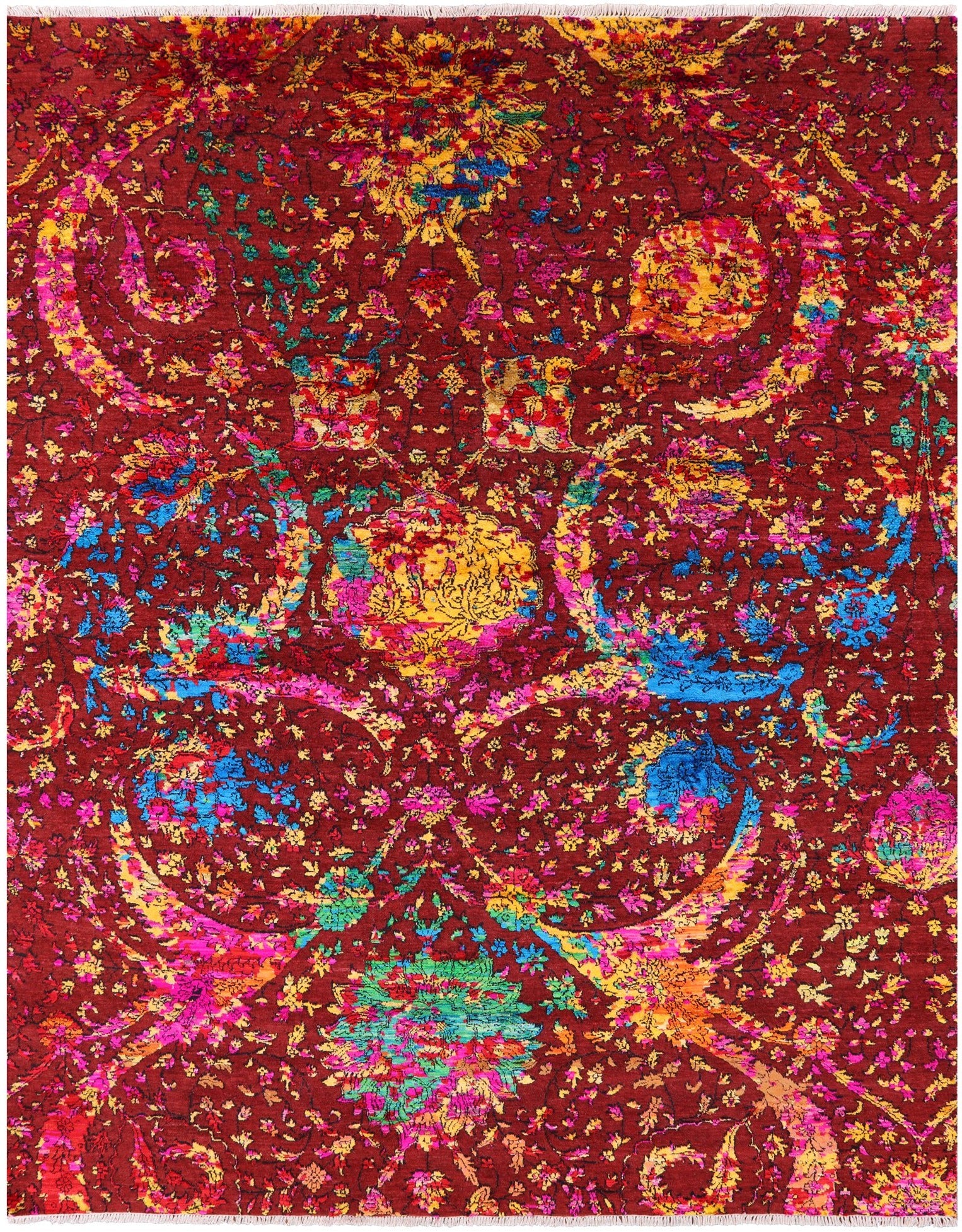 Brown Sickle Leaf Design Persian Hand Knotted Wool & Silk Rug - 7' 10" X 10' 1" - Golden Nile
