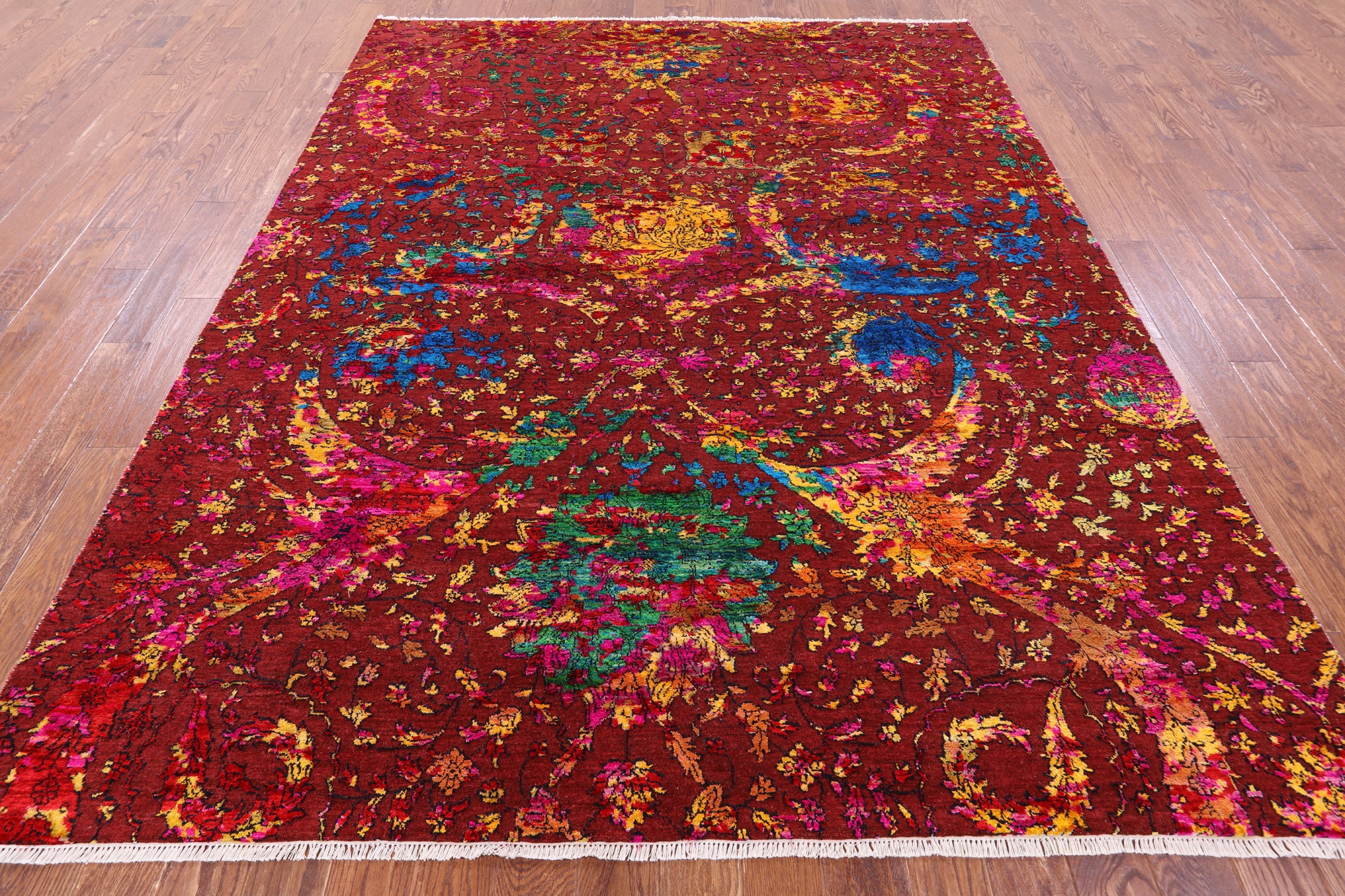 Brown Sickle Leaf Design Persian Hand Knotted Wool & Silk Rug - 7' 10" X 10' 1" - Golden Nile