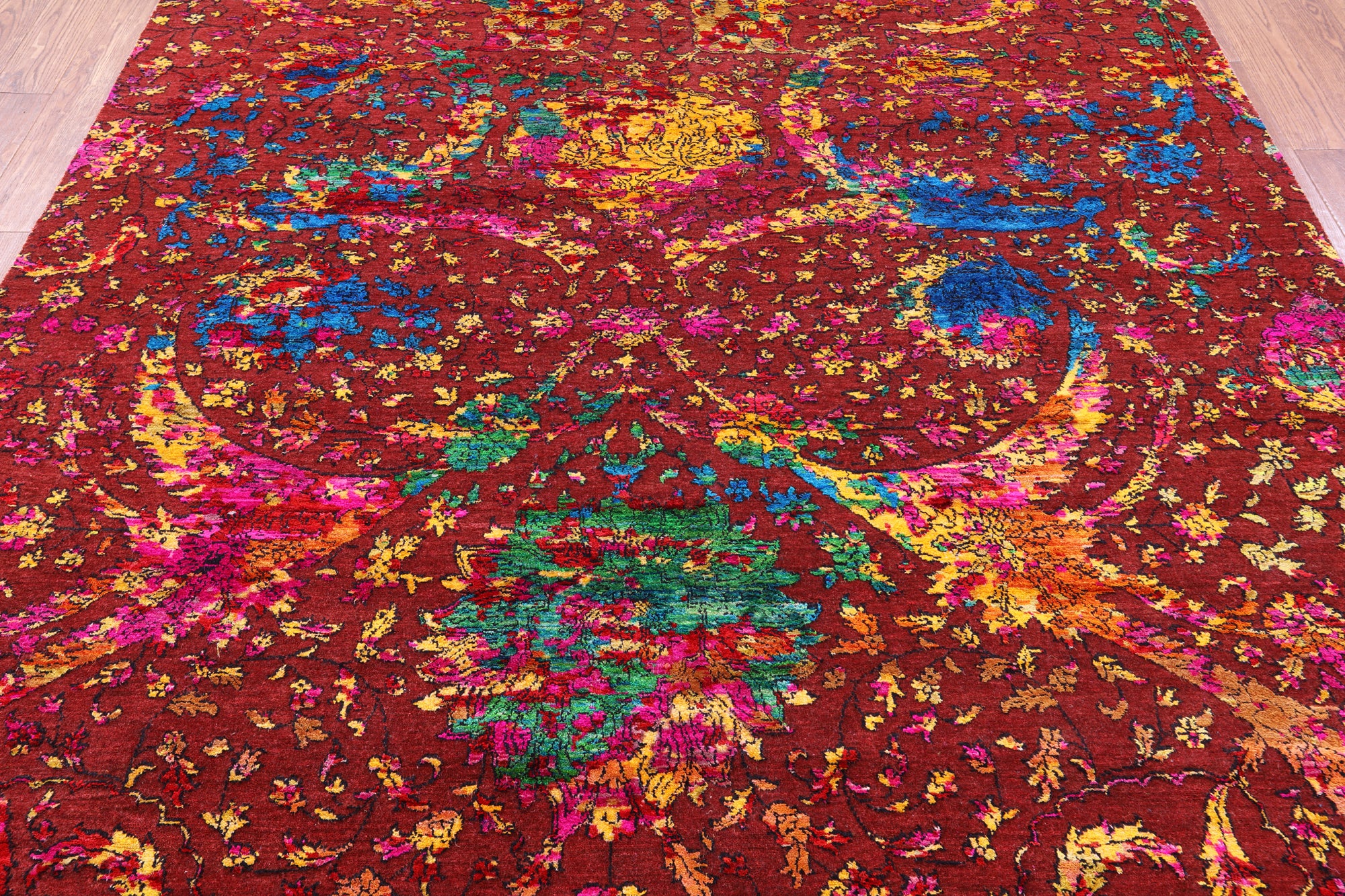 Brown Sickle Leaf Design Persian Hand Knotted Wool & Silk Rug - 7' 10" X 10' 1" - Golden Nile