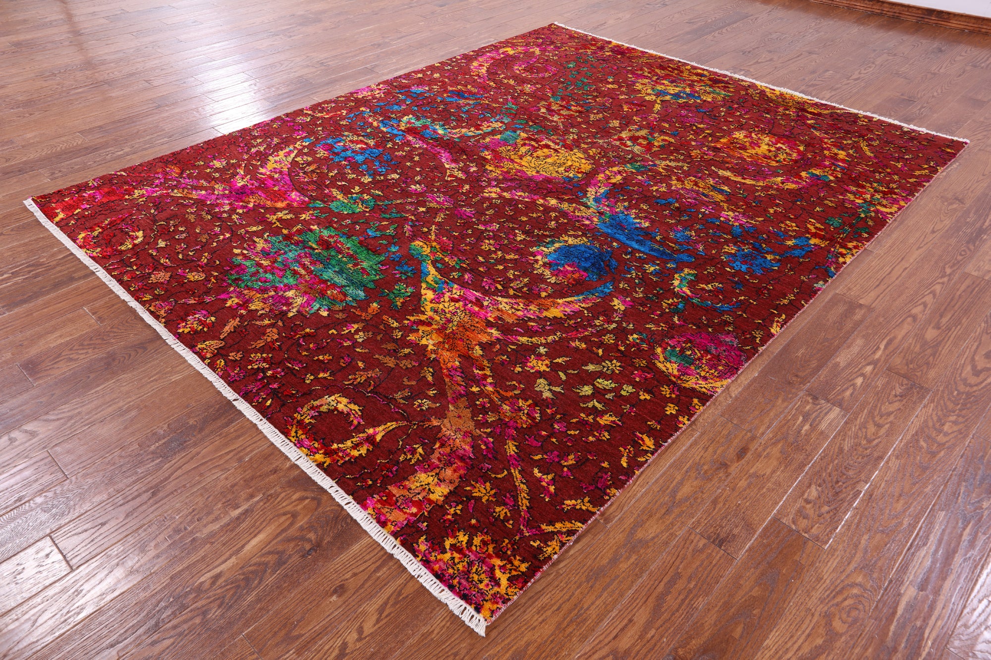 Brown Sickle Leaf Design Persian Hand Knotted Wool & Silk Rug - 7' 10" X 10' 1" - Golden Nile