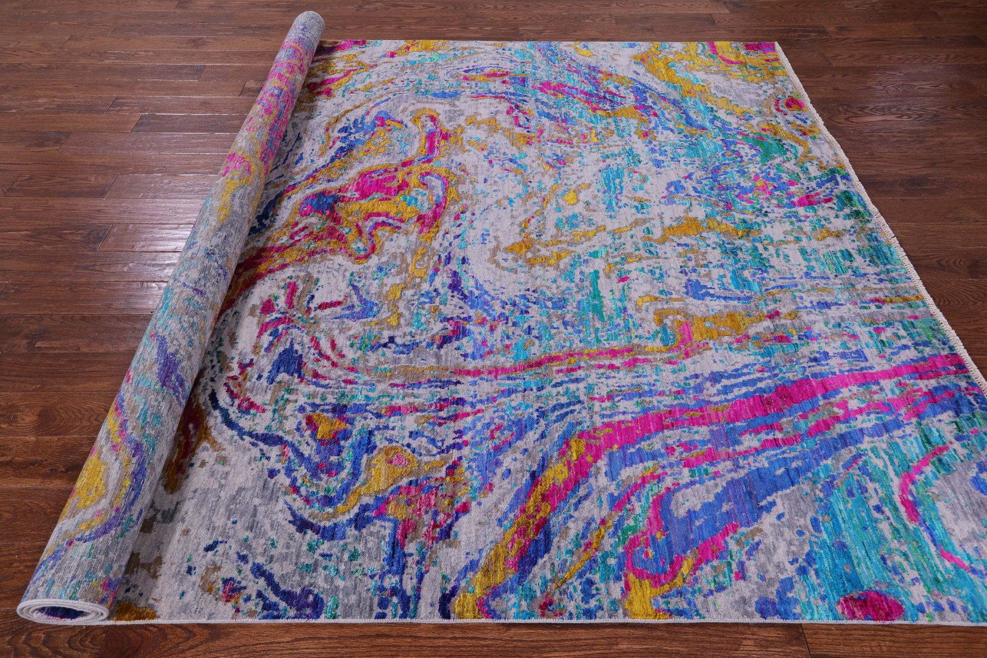 Abstract Contemporary Hand Knotted Wool & Silk Rug - 7' 11" X 10' 3" - Golden Nile
