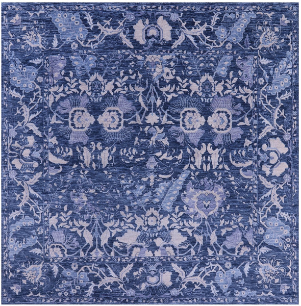 Blue Square Modern Hand Knotted Wool Rug - 7' 0" X 7' 0" - Golden Nile